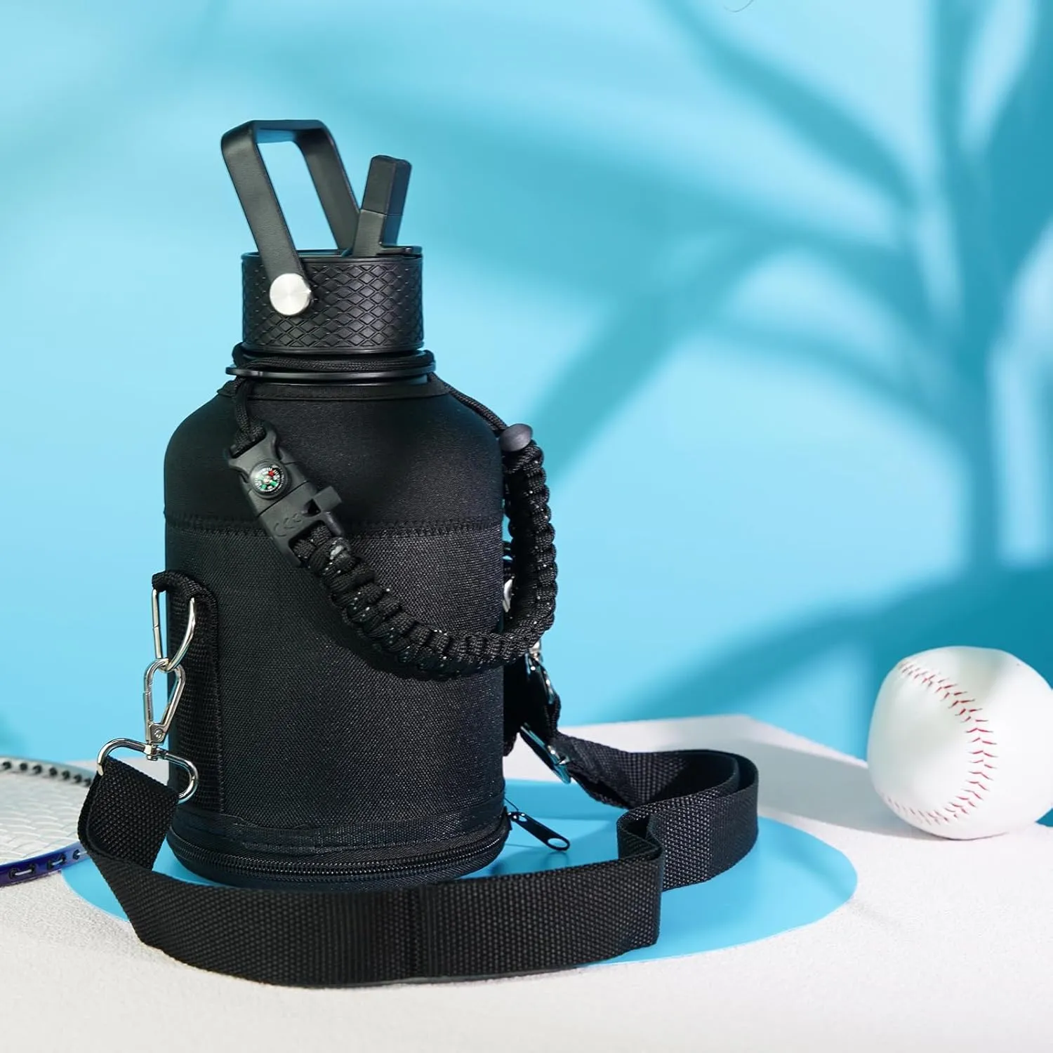 Insulated Water Bottle with Straw,50 oz 3 Lids Water Jug with Carrying Bag,Paracord Handle,Double Wall Vacuum Stainless Steel Metal Flask,Dark Green