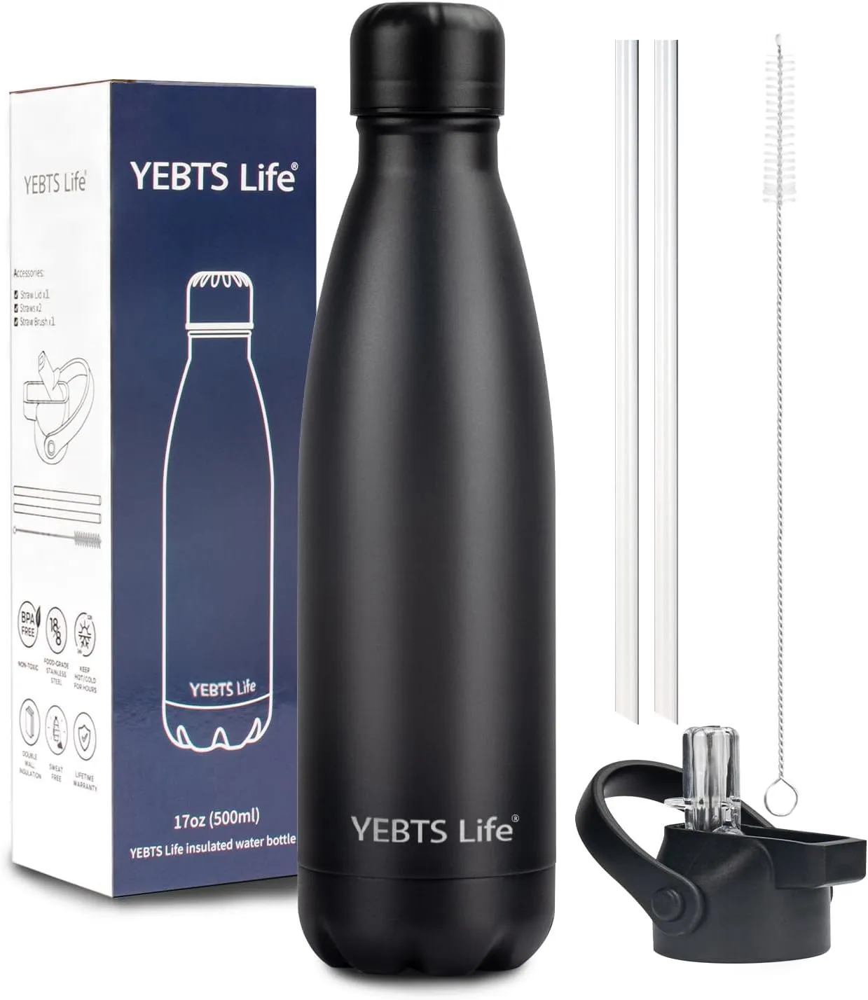 Insulated Water Bottle,17oz Stainless Steel Water Bottles with straw lid,Metal Sports Thermos Water Bottles for Boys,Girls,Double Wall Vacuum BPA-Free Flask for School, Sports & Travel-Black