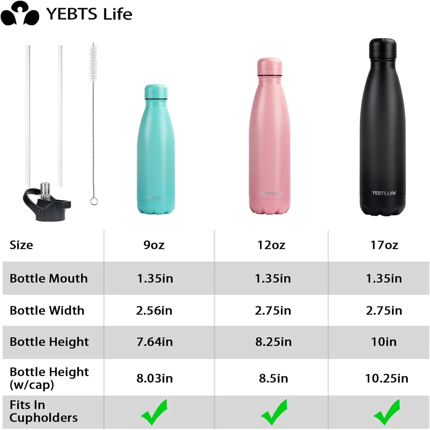Insulated Water Bottle,17oz Stainless Steel Water Bottles with straw lid,Metal Sports Thermos Water Bottles for Boys,Girls,Double Wall Vacuum BPA-Free Flask for School, Sports & Travel-Black