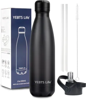 Insulated Water Bottle,17oz Stainless Steel Water Bottles with straw lid,Metal Sports Thermos Water Bottles for Boys,Girls,Double Wall Vacuum BPA-Free Flask for School, Sports & Travel-Black