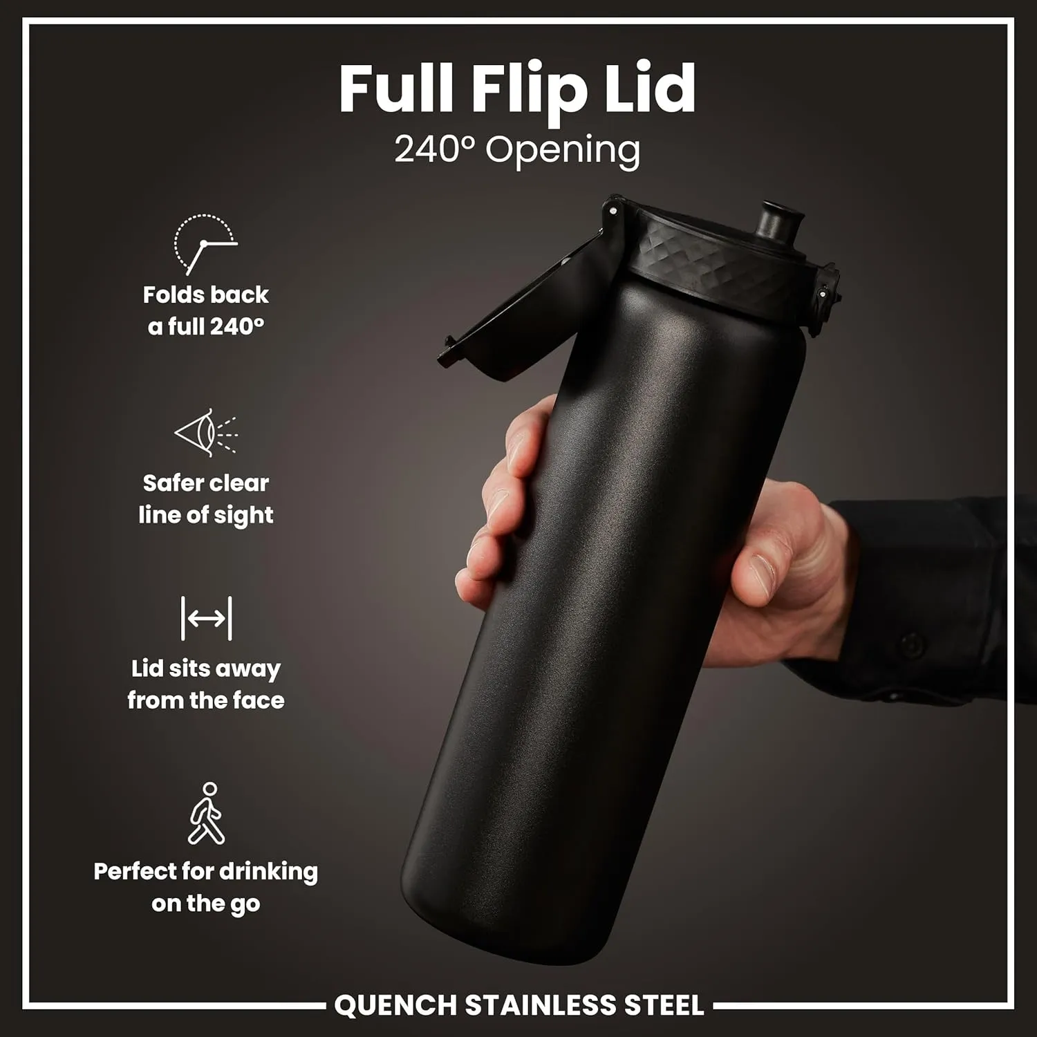 Ion8 1 Litre Stainless Steel Water Bottle, Leak Proof, Easy to Open, Secure Lock, Dishwasher Safe, Carry Handle, Hygienic Flip Cover, Easy Clean, Durable, Scratch Resistant, 1200 ml/40 oz, Black
