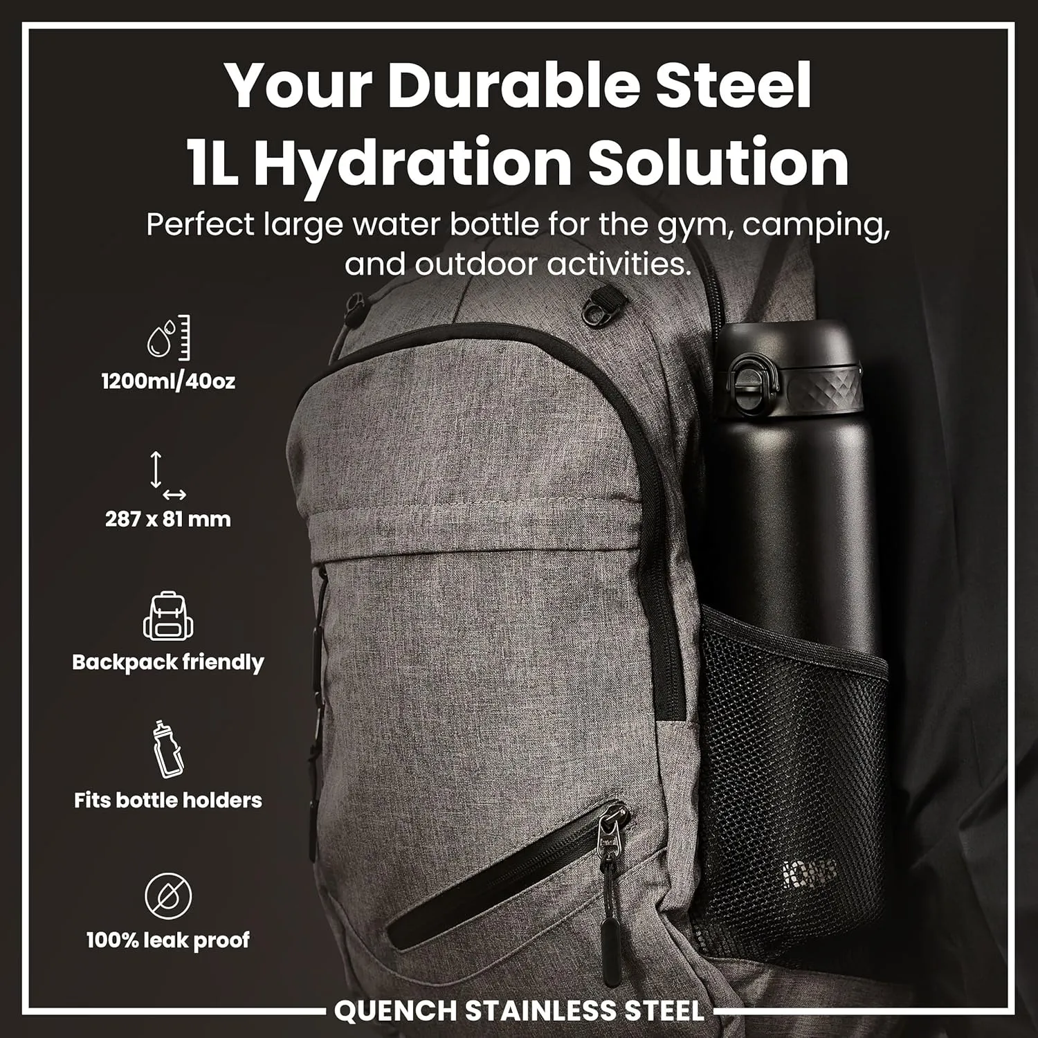 Ion8 1 Litre Stainless Steel Water Bottle, Leak Proof, Easy to Open, Secure Lock, Dishwasher Safe, Carry Handle, Hygienic Flip Cover, Easy Clean, Durable, Scratch Resistant, 1200 ml/40 oz, Black