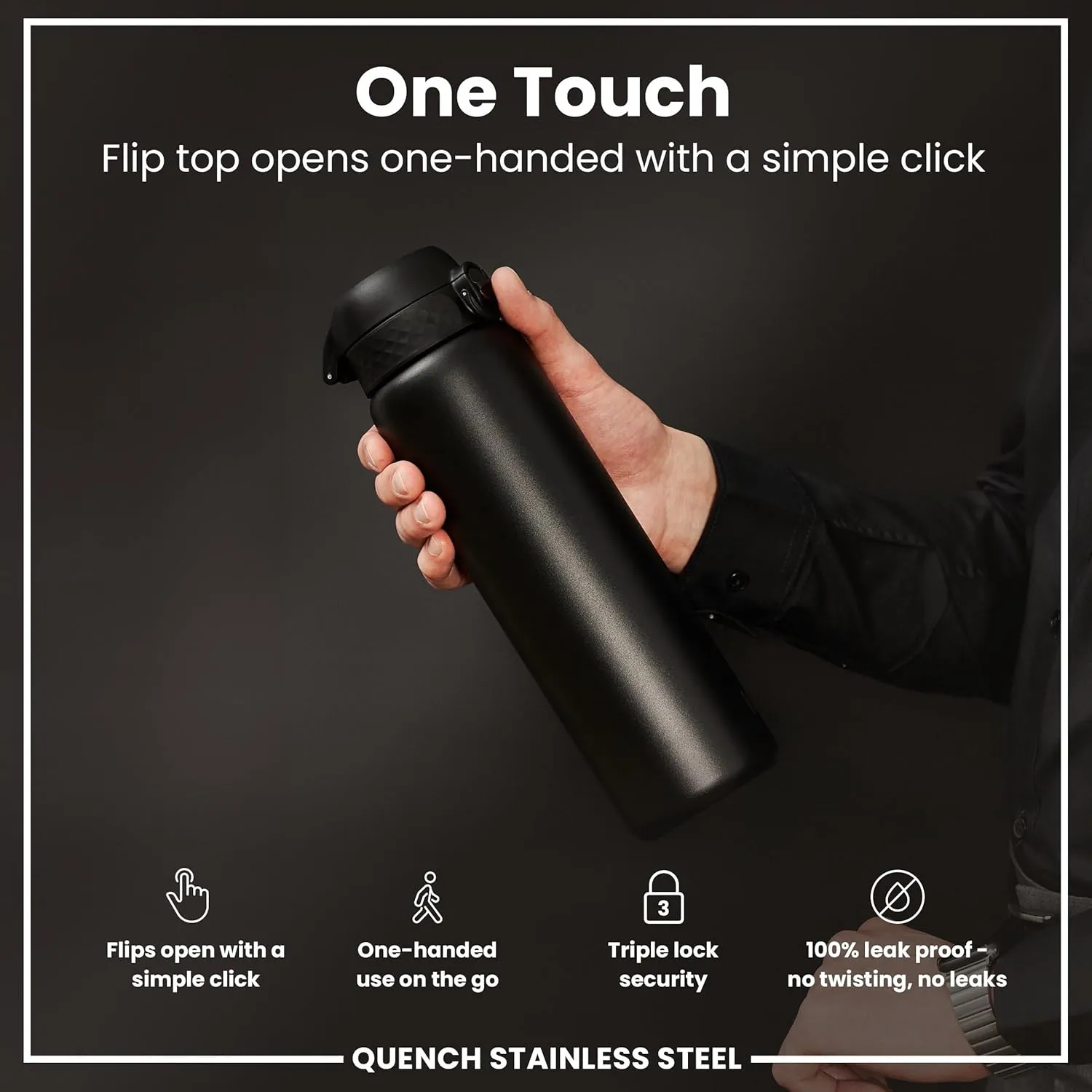 Ion8 1 Litre Stainless Steel Water Bottle, Leak Proof, Easy to Open, Secure Lock, Dishwasher Safe, Carry Handle, Hygienic Flip Cover, Easy Clean, Durable, Scratch Resistant, 1200 ml/40 oz, Black