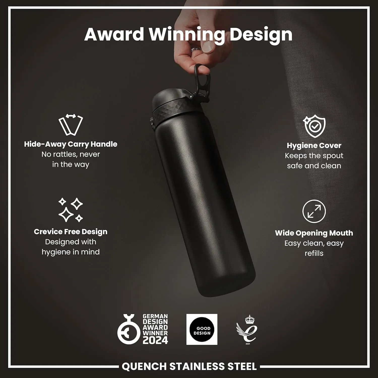 Ion8 1 Litre Stainless Steel Water Bottle, Leak Proof, Easy to Open, Secure Lock, Dishwasher Safe, Carry Handle, Hygienic Flip Cover, Easy Clean, Durable, Scratch Resistant, 1200 ml/40 oz, Black