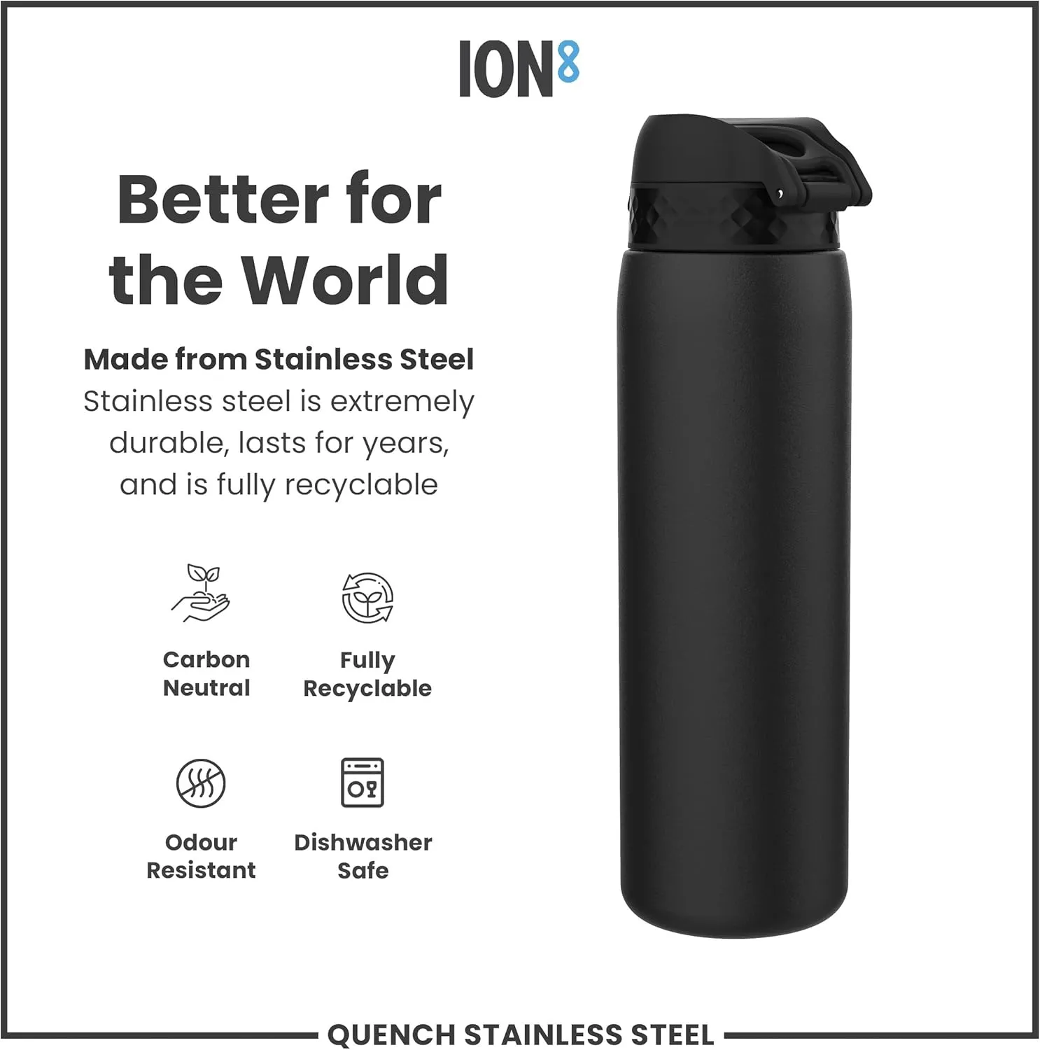 Ion8 1 Litre Stainless Steel Water Bottle, Leak Proof, Easy to Open, Secure Lock, Dishwasher Safe, Carry Handle, Hygienic Flip Cover, Easy Clean, Durable, Scratch Resistant, 1200 ml/40 oz, Black
