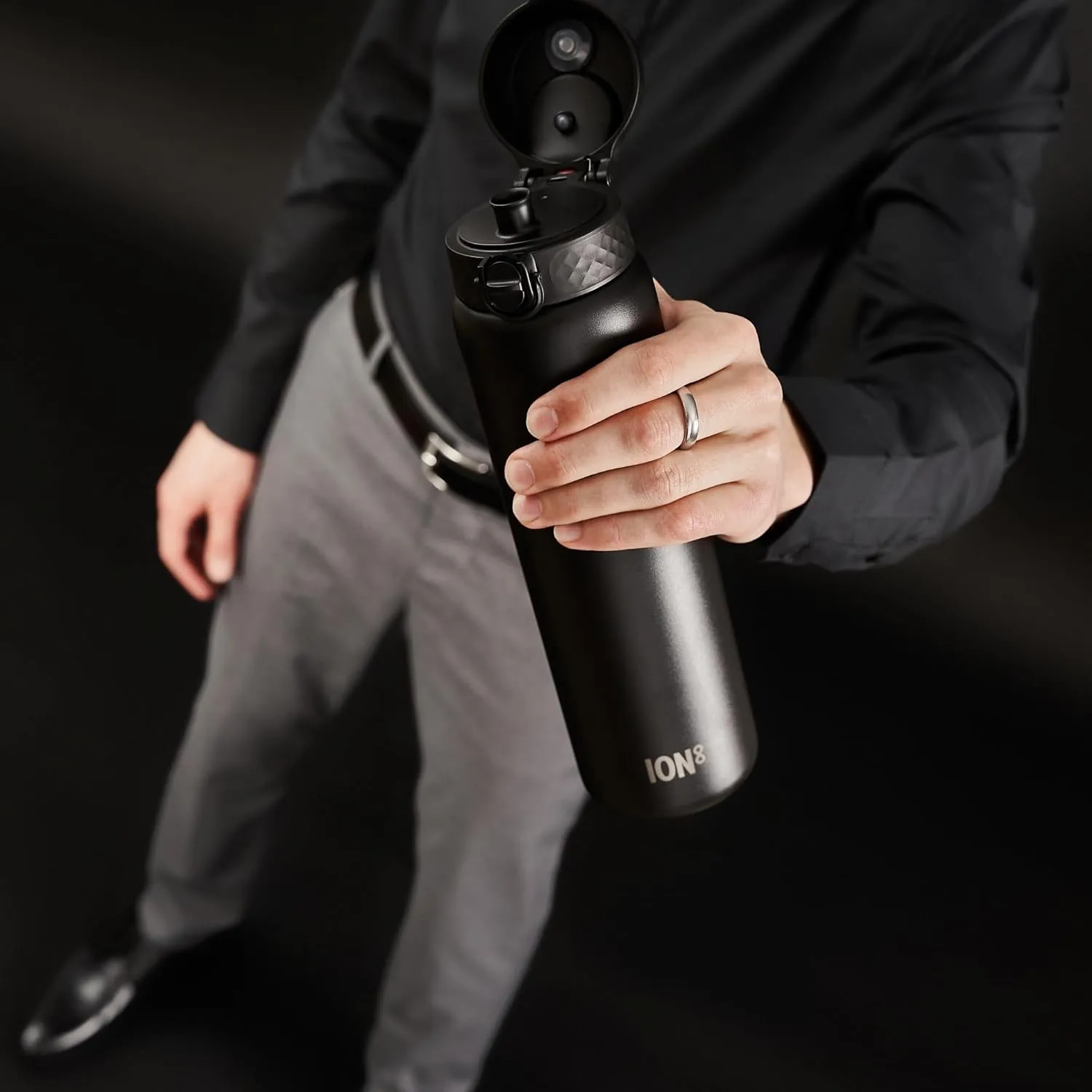 Ion8 1 Litre Stainless Steel Water Bottle, Leak Proof, Easy to Open, Secure Lock, Dishwasher Safe, Carry Handle, Hygienic Flip Cover, Easy Clean, Durable, Scratch Resistant, 1200 ml/40 oz, Black