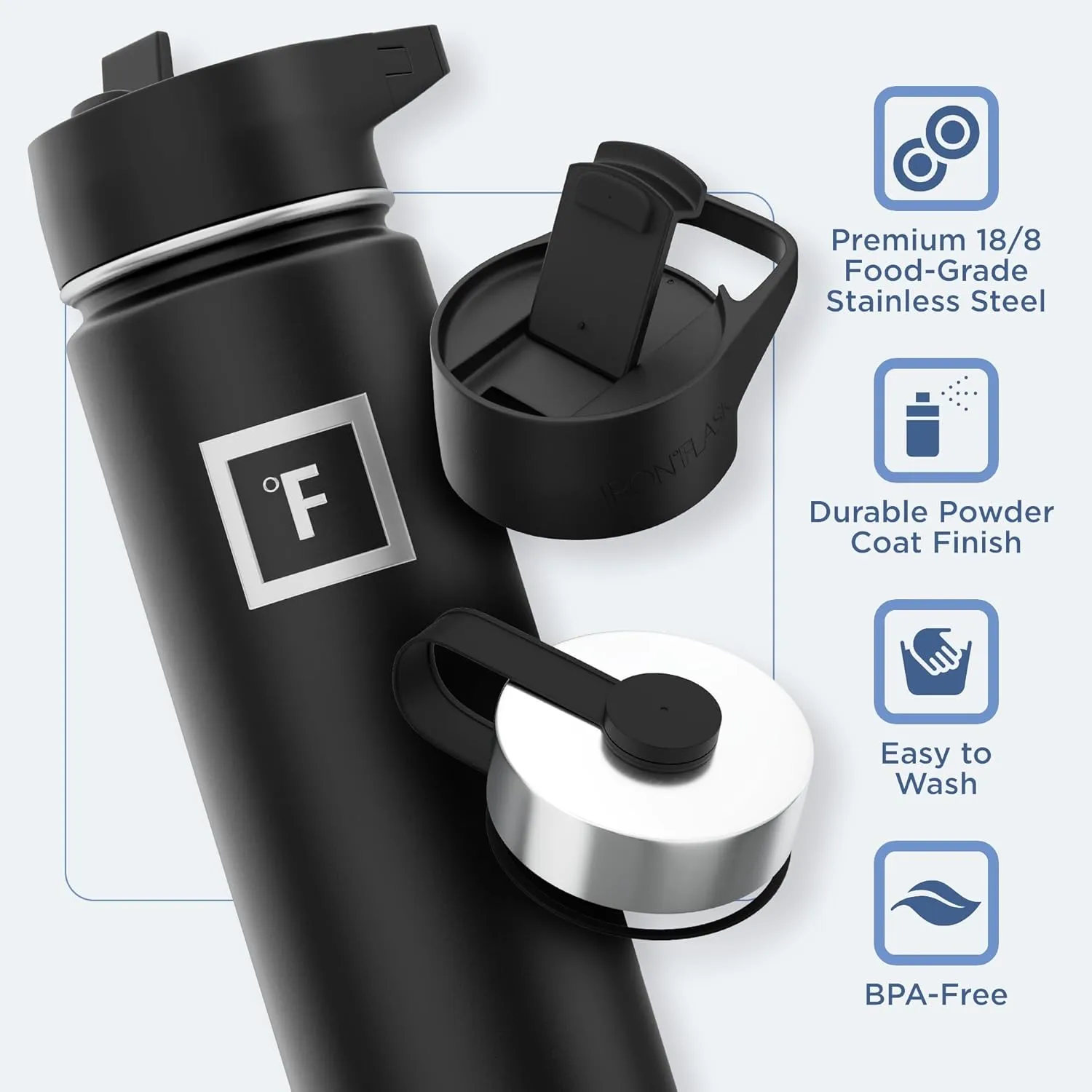 IRON °FLASK Camping & Hiking Hydration Flask with 3 Lids - Stainless Steel, Double Walled & Vacuum Insulated Water Bottle - Leak Proof & BPA Free (Graphite, Straw - 22 oz)