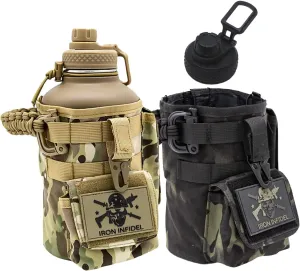 Iron InfideI Battle Bottle - Half Gallon Insulated Tactical Water Bottle, Gym Workout Bottle with Paracord Handle - 64 oz Stainless Steel Water Jug with Two Rugged Sleeves for Keys, Wallet & Phone