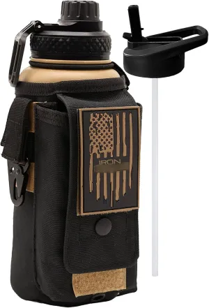Iron Infidel Battle Bottle - 32 Oz Insulated Water Bottle with Straw Lid & Chug Cap, Stainless Steel Metal Flask Includes Rugged, Removable Sleeve for Keys, Wallet, & Phone (Brown Recluse 1 Liter)