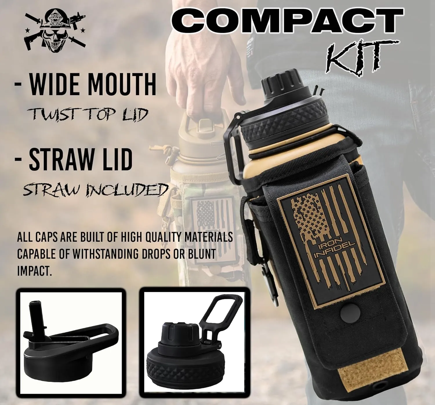 Iron Infidel Battle Bottle - 32 Oz Insulated Water Bottle with Straw Lid & Chug Cap, Stainless Steel Metal Flask Includes Rugged, Removable Sleeve for Keys, Wallet, & Phone (Brown Recluse 1 Liter)