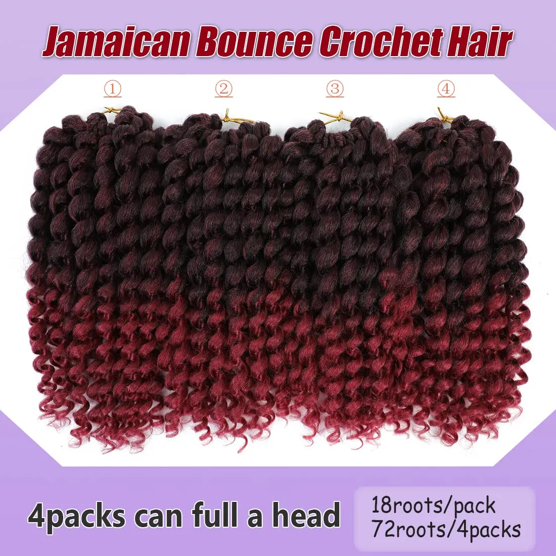 Jamaican Bounce Crochet Hair For Black Women - 4 Packs, 72 Roots, Natural Black Jumpy Wand Curls, Short Pre-Looped Curly Hair (12inch Pack of 4, T/bug)