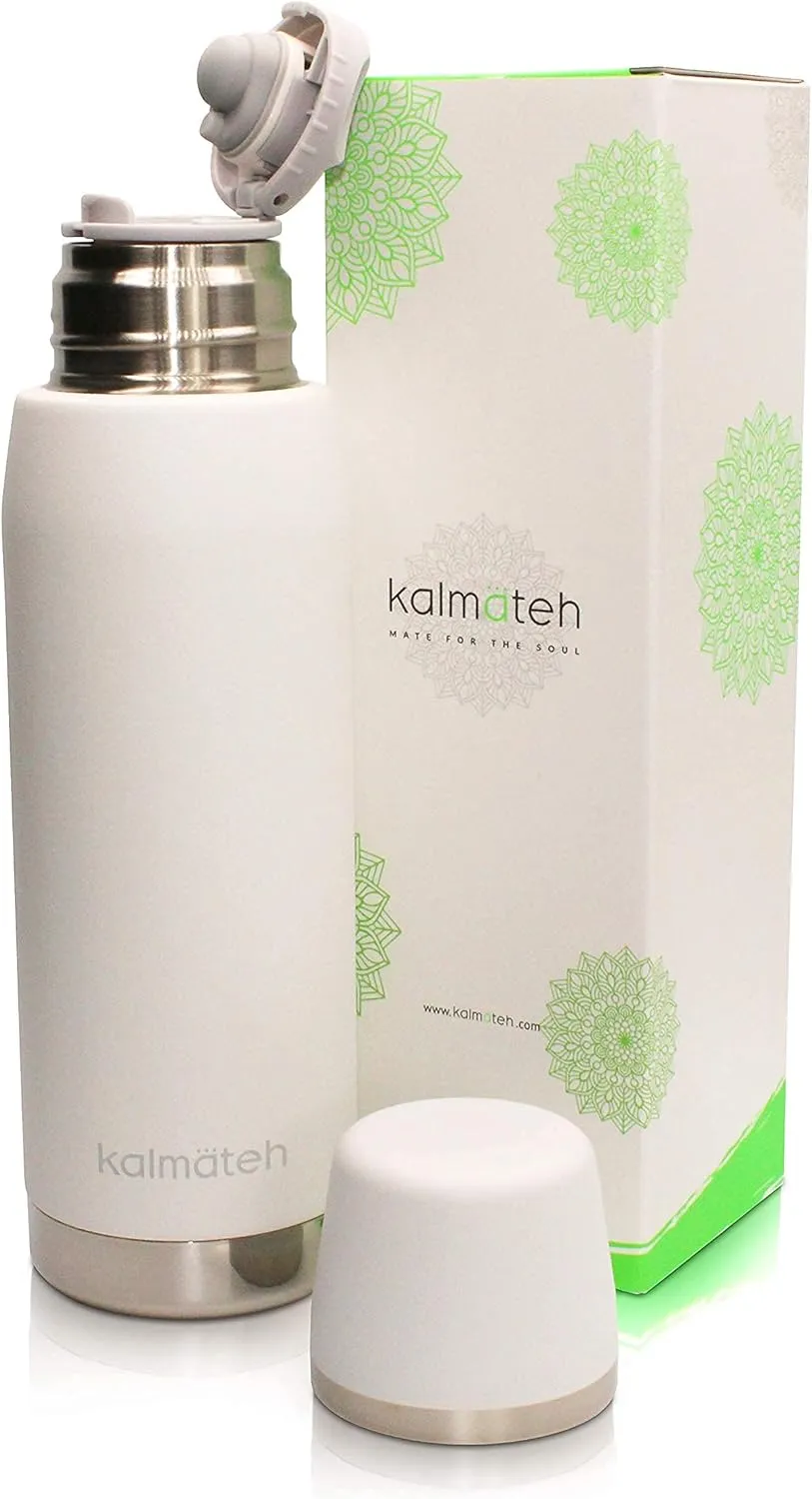 KALMATEH Thermos- Double Walled Vacuum Insulated Stainless Steel Thermos (760ml) Precise Pouring & Heat Retention- For Yerba Mate, Coffee, Tea, Camping (White)