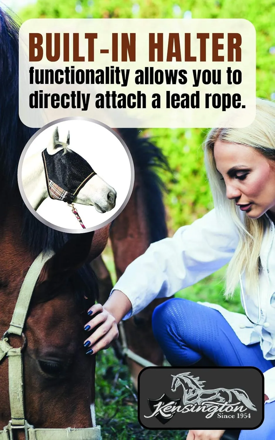 Kensington Natural Look CatchMask Horse Fly Mask — Innovative Combination Fly Mask and Catch Halter with Double Locking Lead Rope Fastener — 2 Sizes (Grey/Tan, Large)