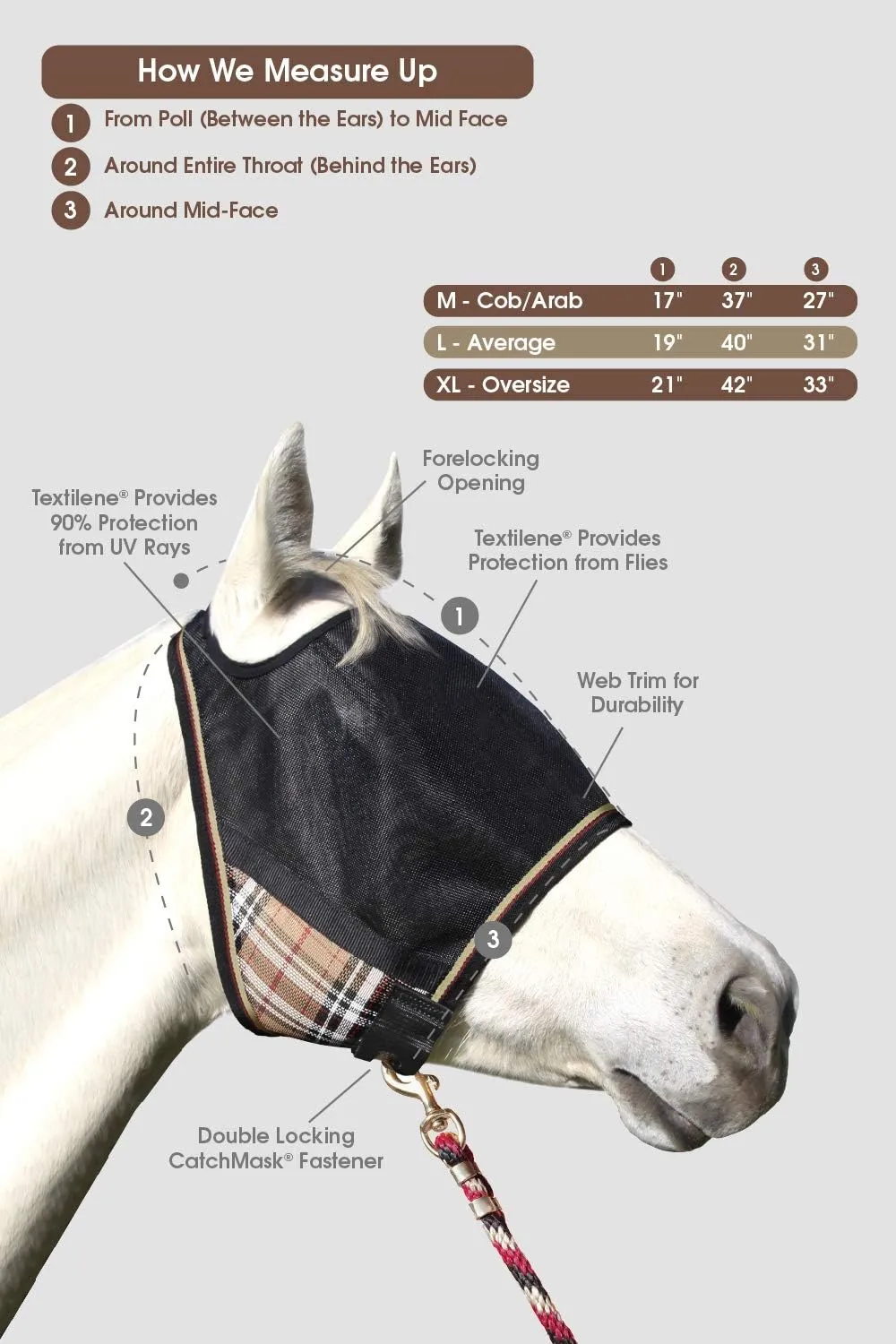 Kensington Natural Look CatchMask Horse Fly Mask — Innovative Combination Fly Mask and Catch Halter with Double Locking Lead Rope Fastener — 2 Sizes (Grey/Tan, Large)