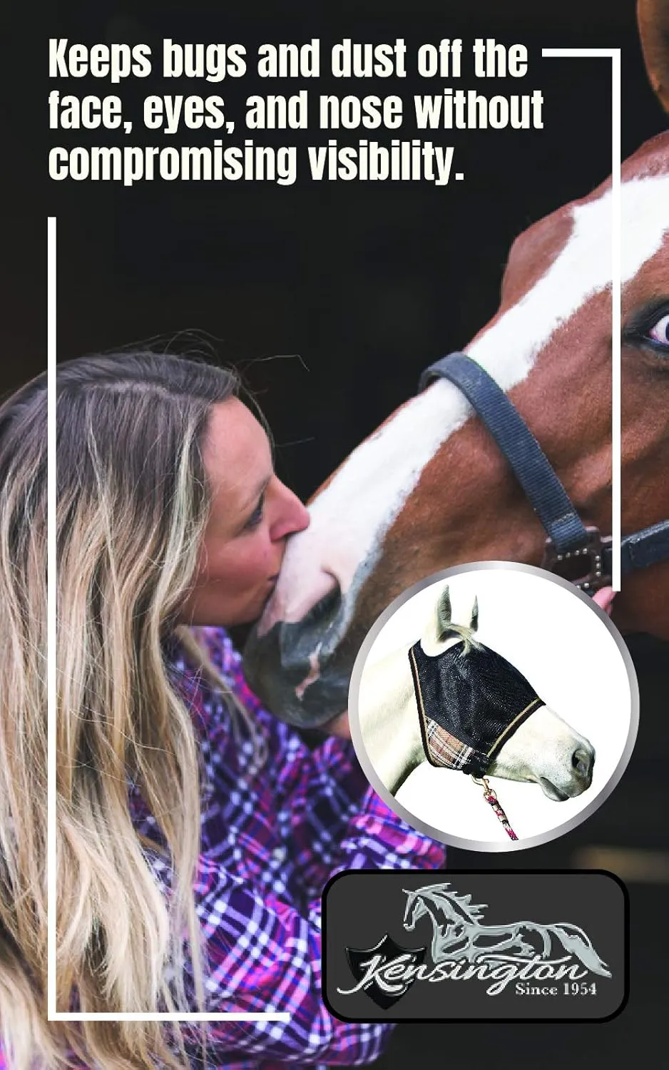 Kensington Natural Look CatchMask Horse Fly Mask — Innovative Combination Fly Mask and Catch Halter with Double Locking Lead Rope Fastener — 2 Sizes (Grey/Tan, Large)
