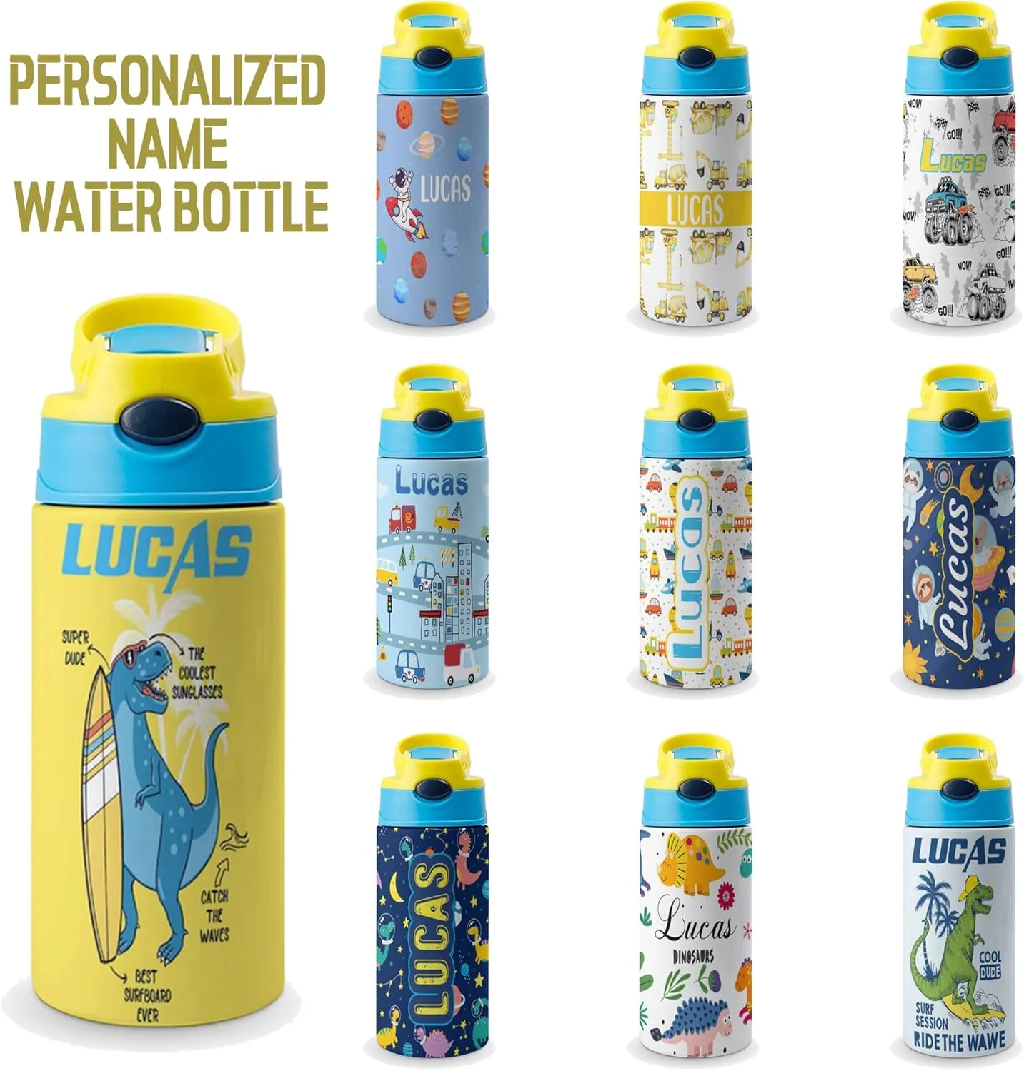 Kids Water Bottle with Name-Custom Astronaut Water Bottle with Straw-Personalized Gift for Kids Boys-Customized Name Insulated Stainless Steel Tumbler for School Gifts-16.9oz