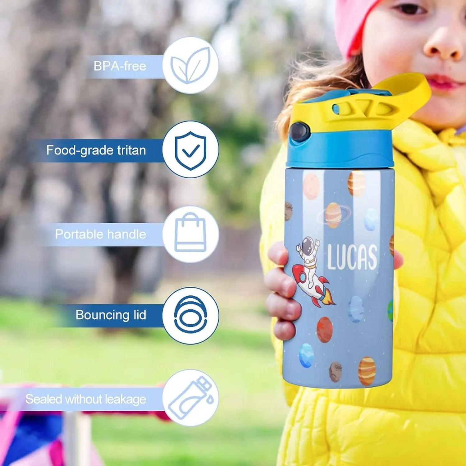 Kids Water Bottle with Name-Custom Astronaut Water Bottle with Straw-Personalized Gift for Kids Boys-Customized Name Insulated Stainless Steel Tumbler for School Gifts-16.9oz