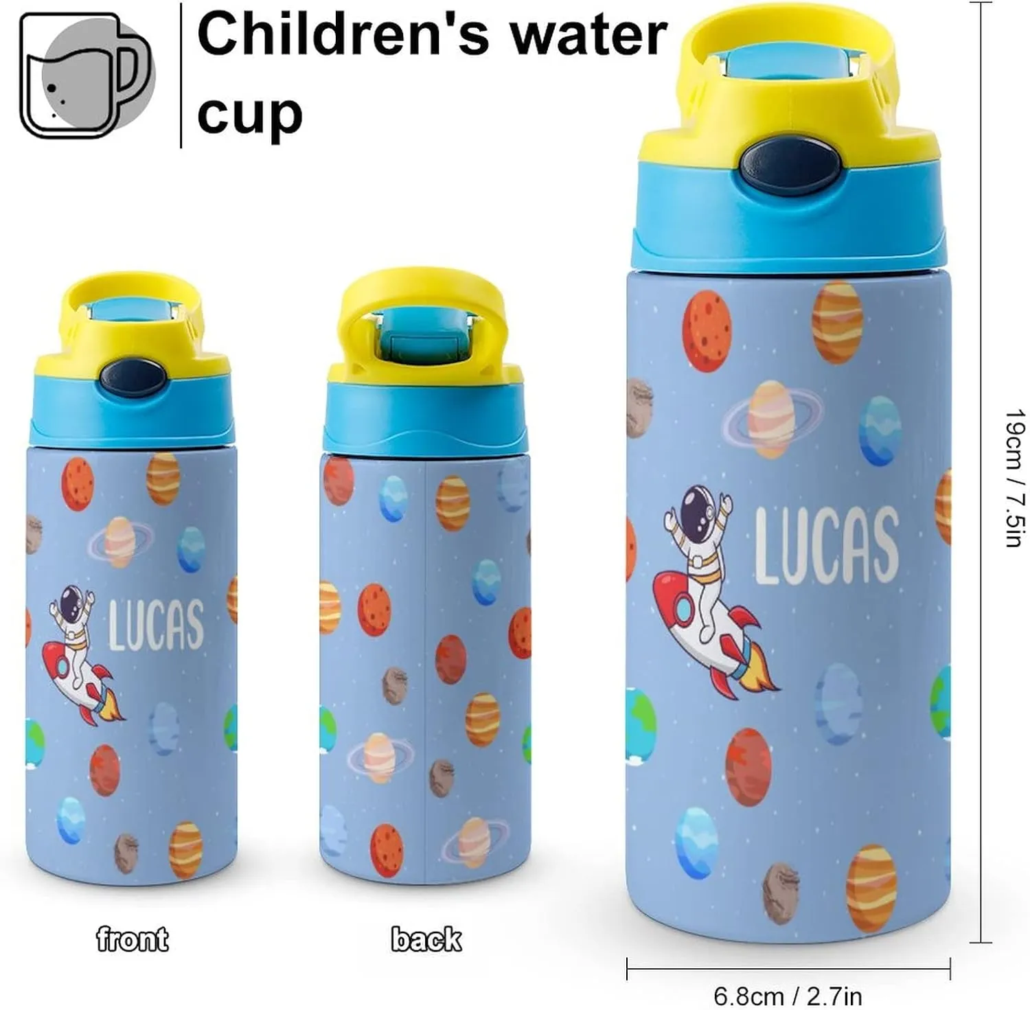 Kids Water Bottle with Name-Custom Astronaut Water Bottle with Straw-Personalized Gift for Kids Boys-Customized Name Insulated Stainless Steel Tumbler for School Gifts-16.9oz