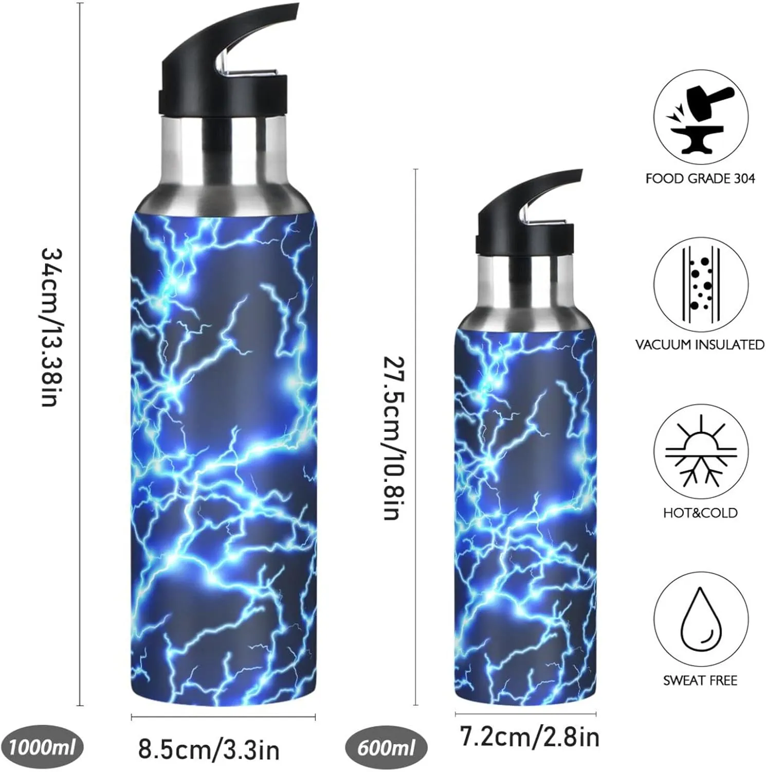 Kigai Blue Lightning Water Bottle BPA-Free Vacuum Insulated Stainless Steel Water Bottle Leakproof Wide Mouth Sports Water Bottle with Straw Lid for Gym Travel Camping