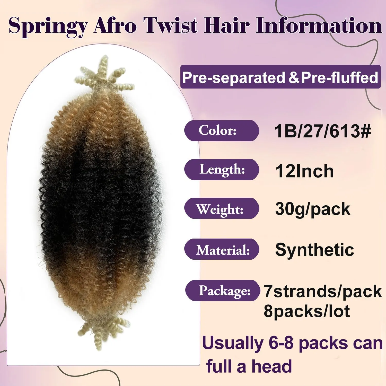 Kinky Braiding Hair 12 Inch Marley Twist Braiding Hair 8 Packs Springy Afro Twist Hair Ombre Blonde Marley Hair Synthetic Kinky Twist Hair for Butterfly Locs