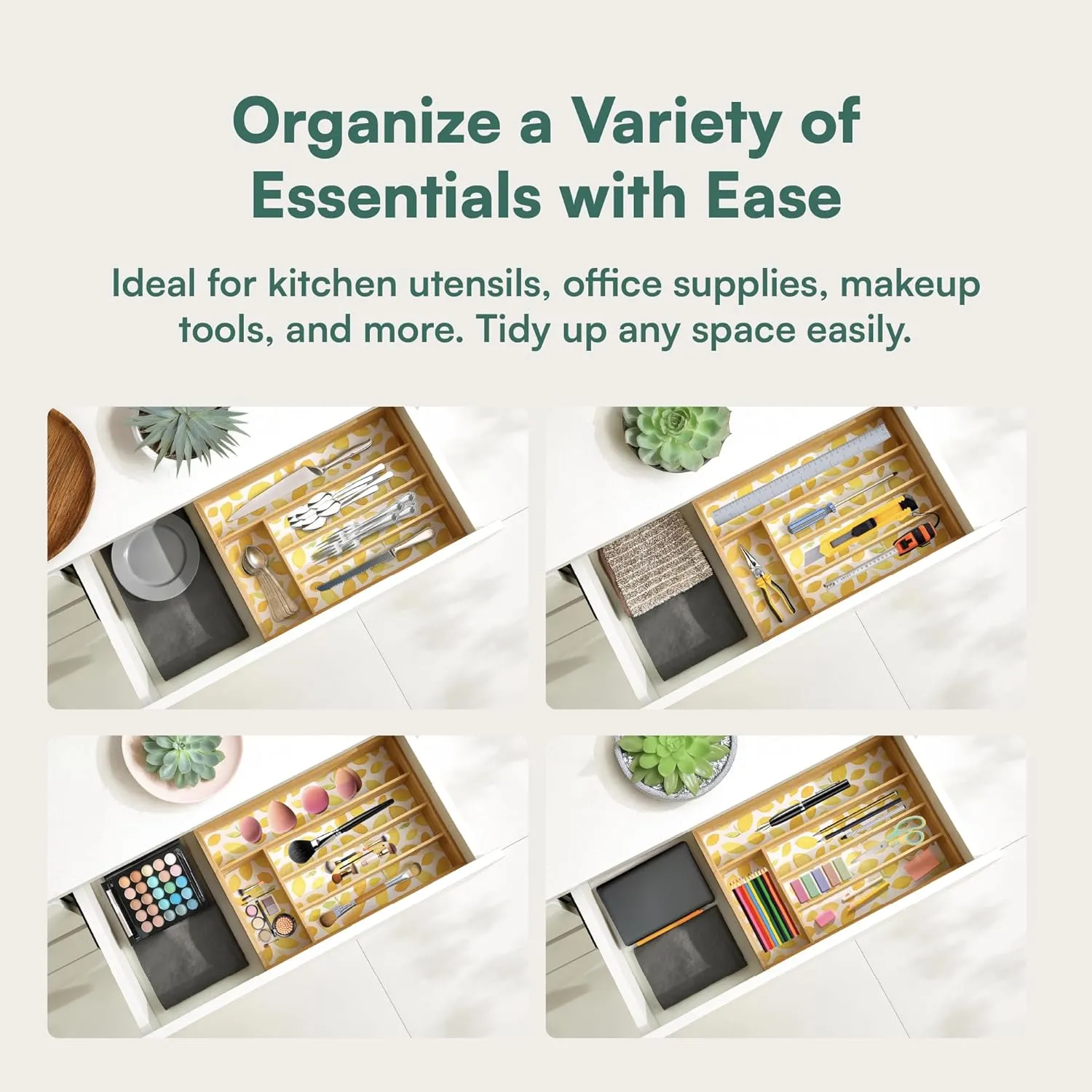Kitchen Drawer Organizer - Silverware Organizer for Kitchen Organization & Storage, Utensil Holder & Bamboo Organizer for Kitchen Drawers, Kitchen Essentials, 5-Slot, Lemon Print