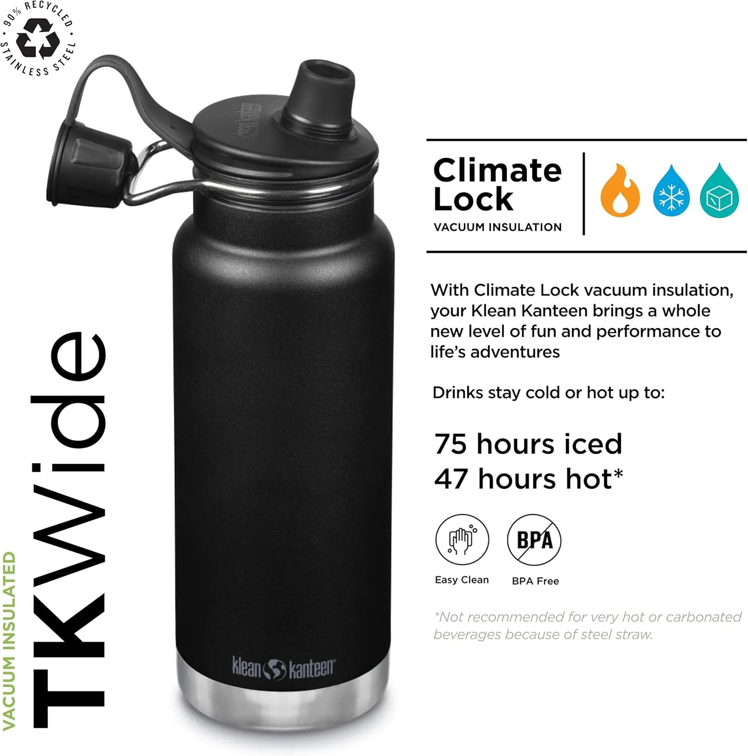Klean Kanteen TKWide Insulated Water Bottle with Chug Cap - Portable, Stainless Steel Travel Bottle - Perfect for Sports & Outdoor Activities - Black, 32 oz