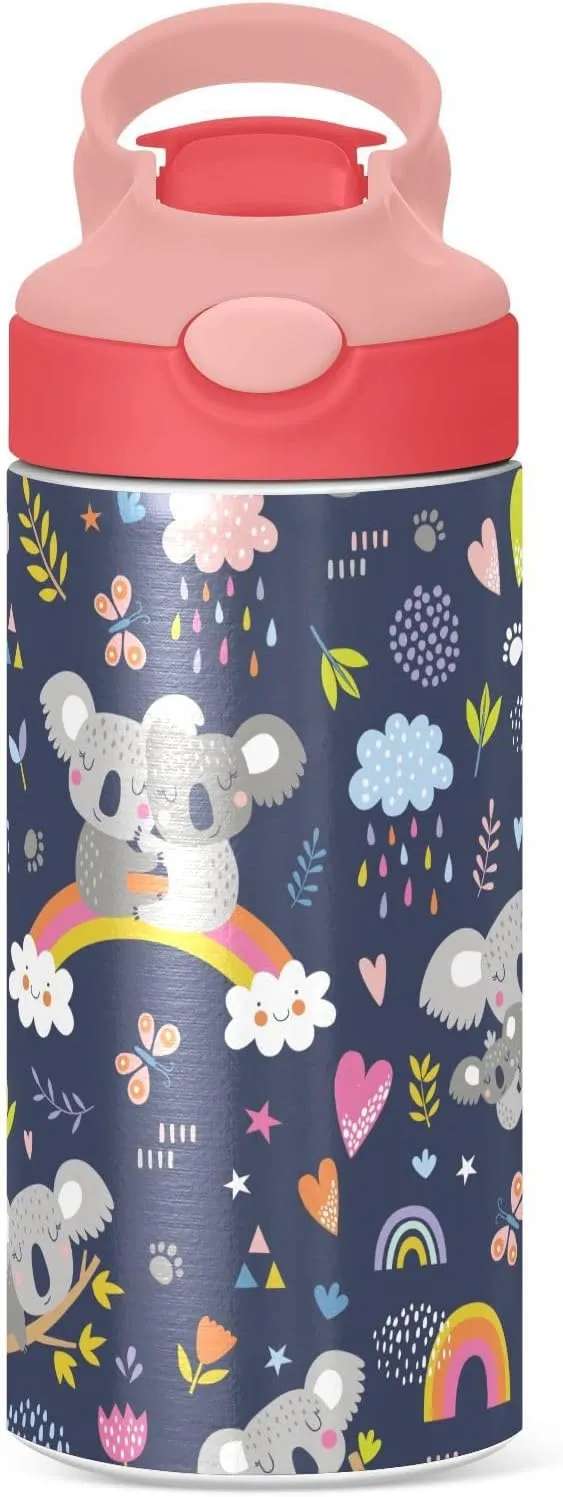 Koala Forest Animal Kids Insulated Water Bottle, Toddlers Tumbler Travel Cup with Straw & Handle Stainless Steel Cup for Travel School Girls 12 oz