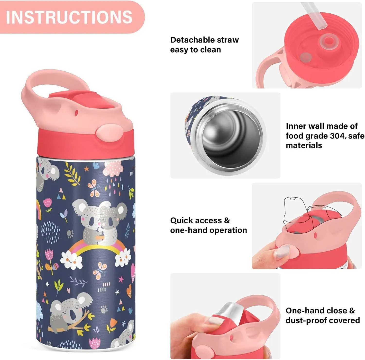 Koala Forest Animal Kids Insulated Water Bottle, Toddlers Tumbler Travel Cup with Straw & Handle Stainless Steel Cup for Travel School Girls 12 oz