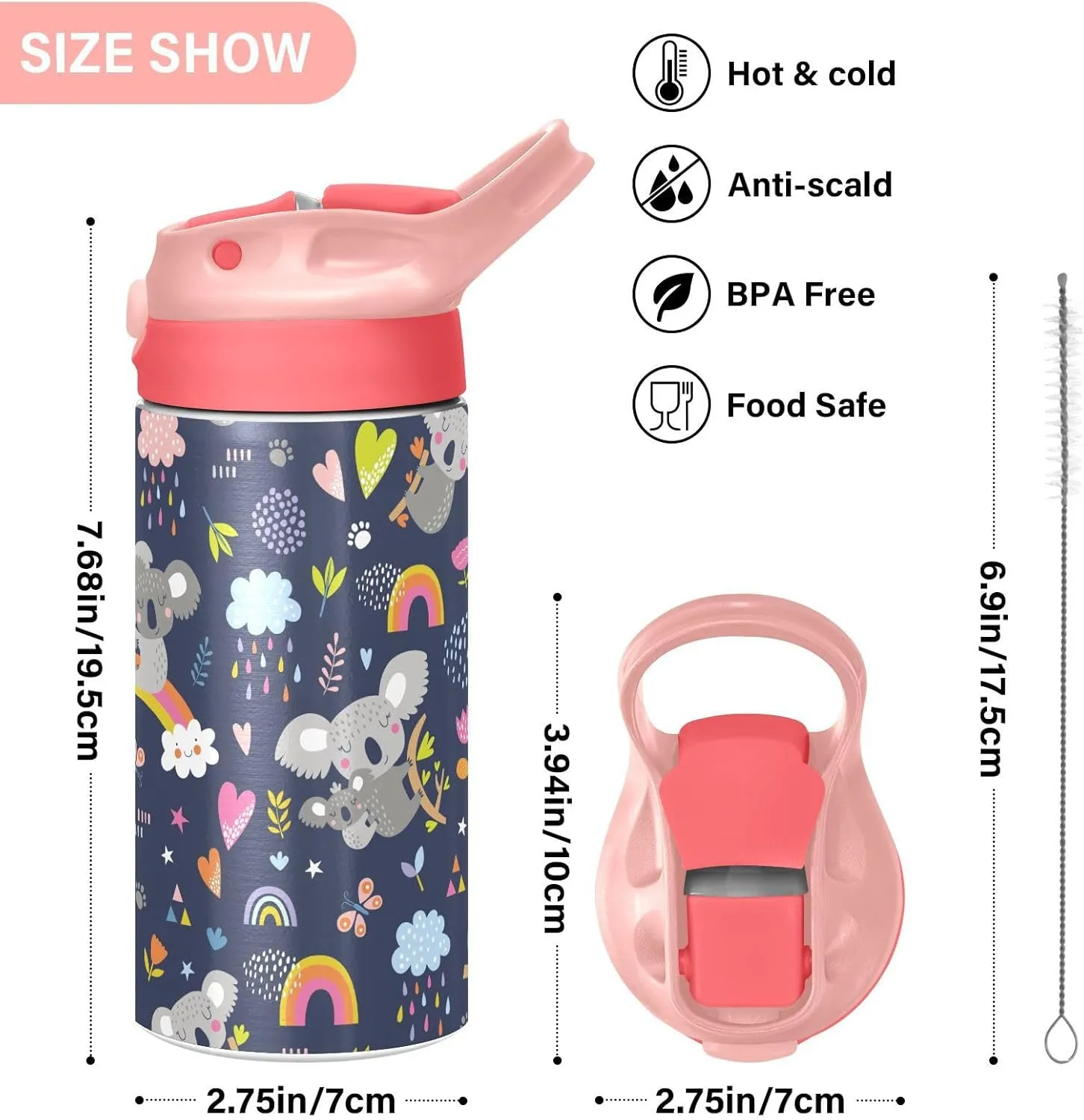 Koala Forest Animal Kids Insulated Water Bottle, Toddlers Tumbler Travel Cup with Straw & Handle Stainless Steel Cup for Travel School Girls 12 oz