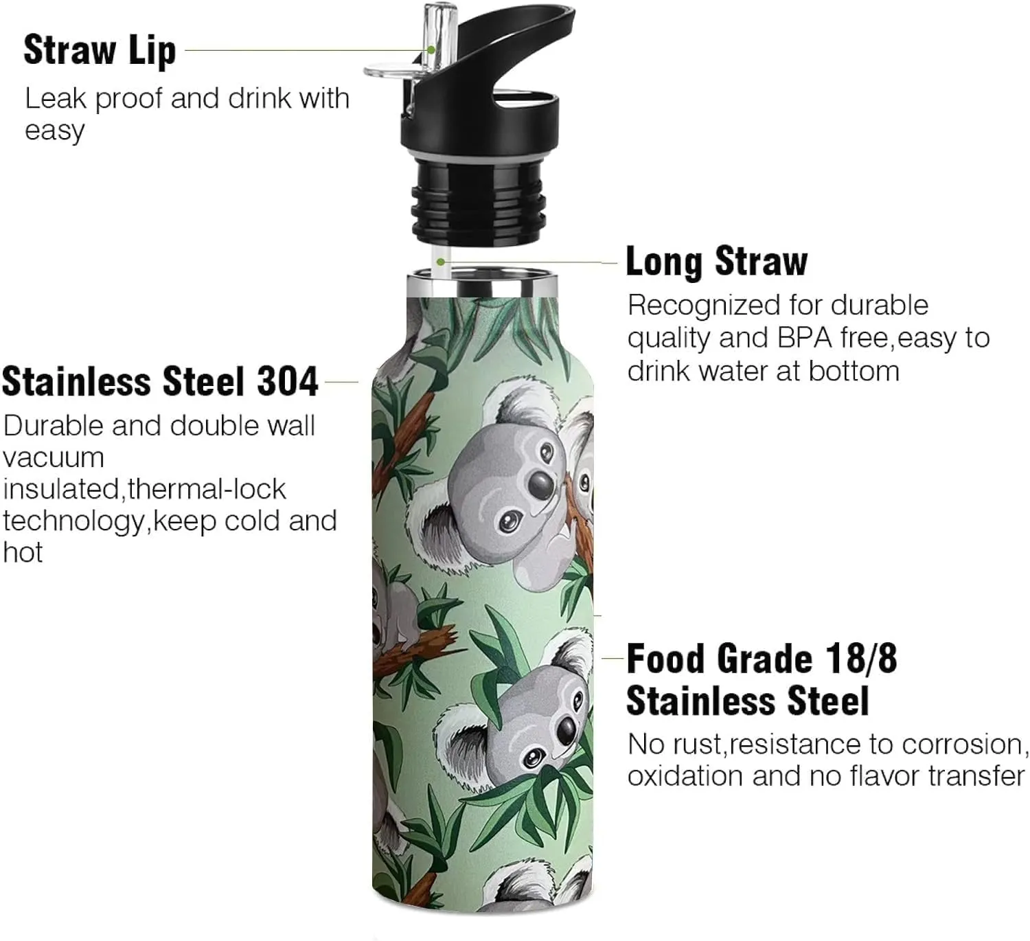 Koala Water Bottle Adult Kids With Straw Lid Insulated Stainless Steel Travel Mugs for Sport Gym Outdoor 20oz