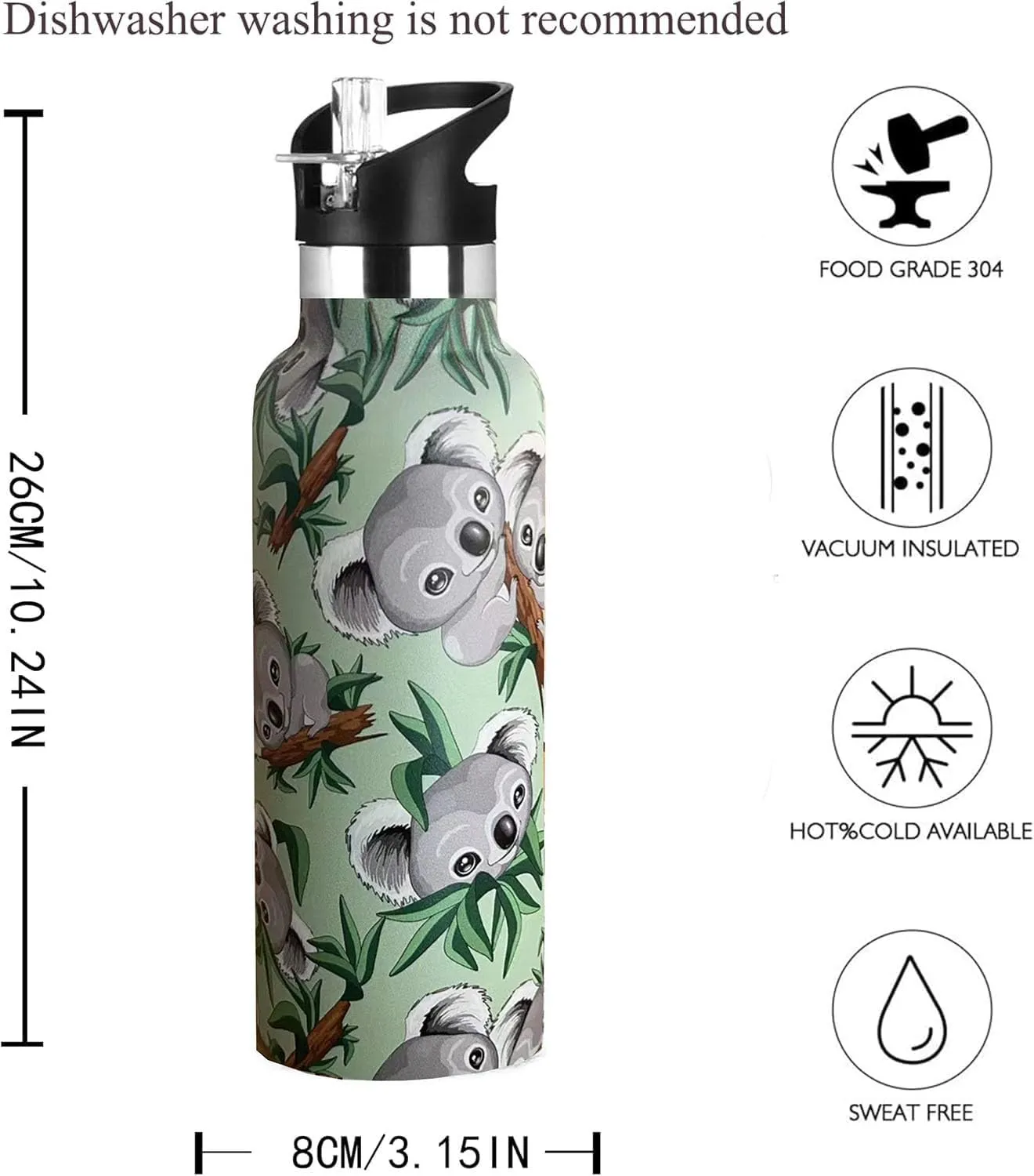 Koala Water Bottle Adult Kids With Straw Lid Insulated Stainless Steel Travel Mugs for Sport Gym Outdoor 20oz