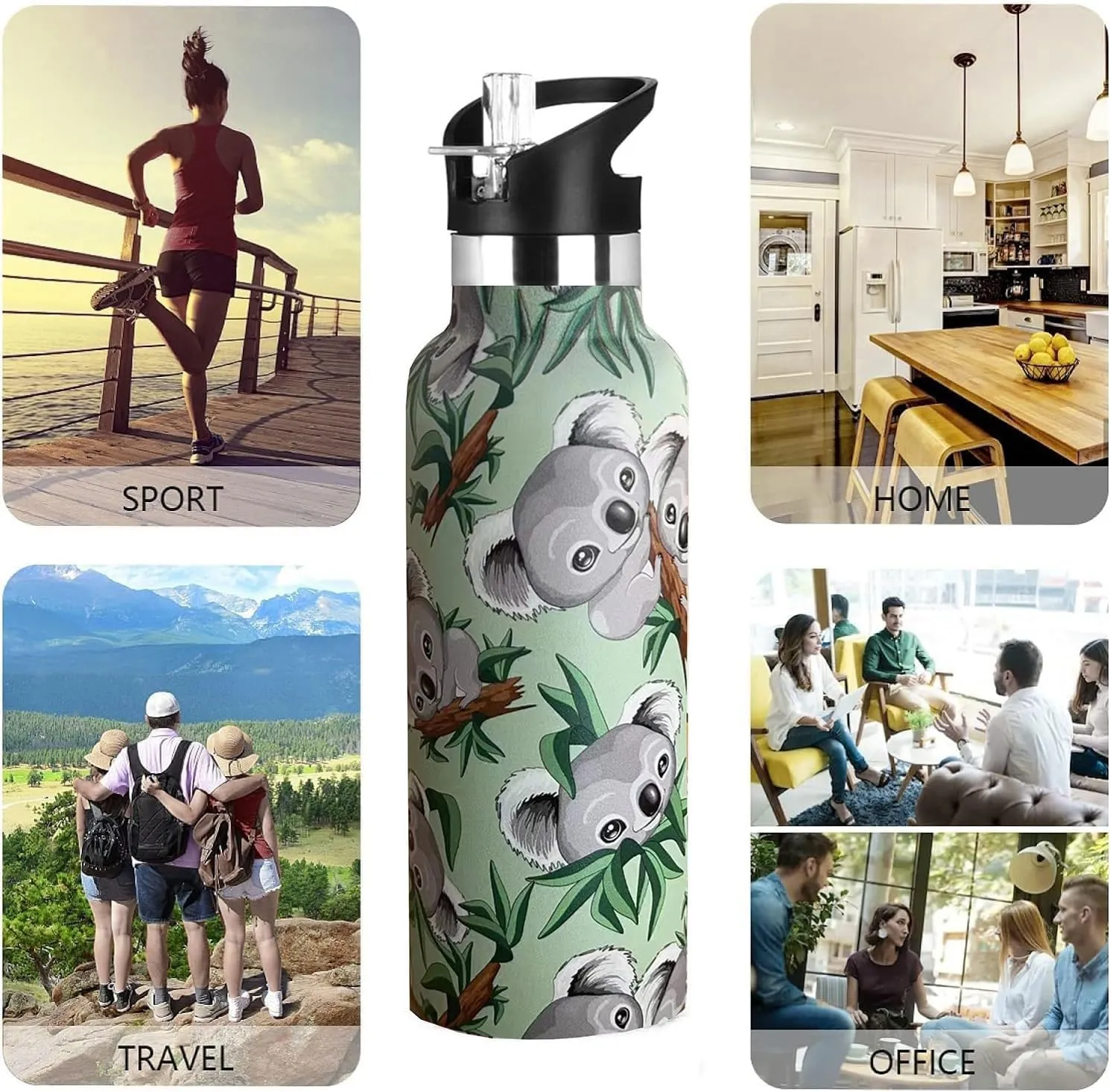Koala Water Bottle Adult Kids With Straw Lid Insulated Stainless Steel Travel Mugs for Sport Gym Outdoor 20oz