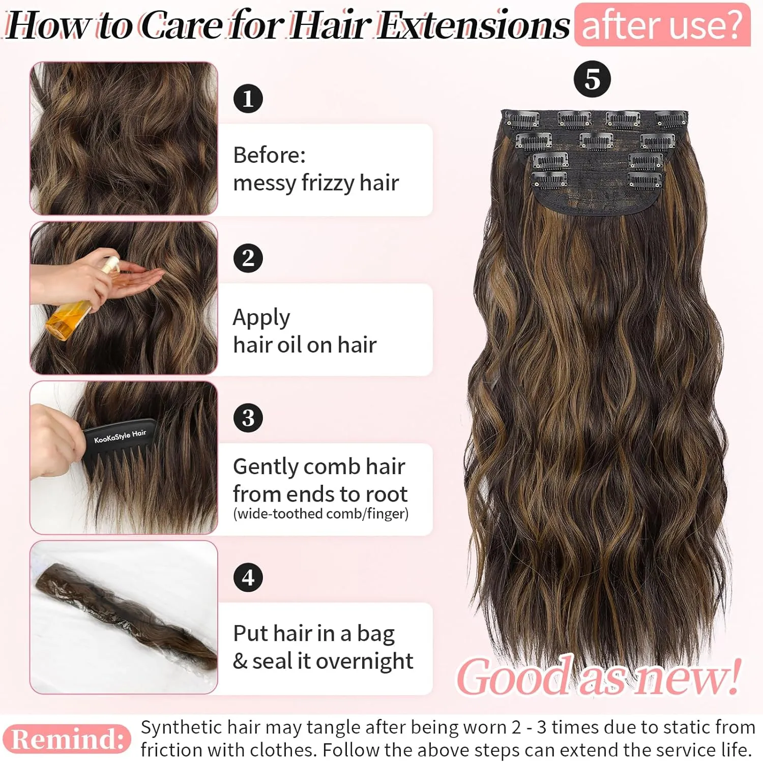 KooKaStyle Clip in Long Wavy Synthetic Hair Extension 20 Inch 4PCS Balayage Dark Brown to Chestnut Hairpieces Fiber Thick Double Weft Hair Extension for Women