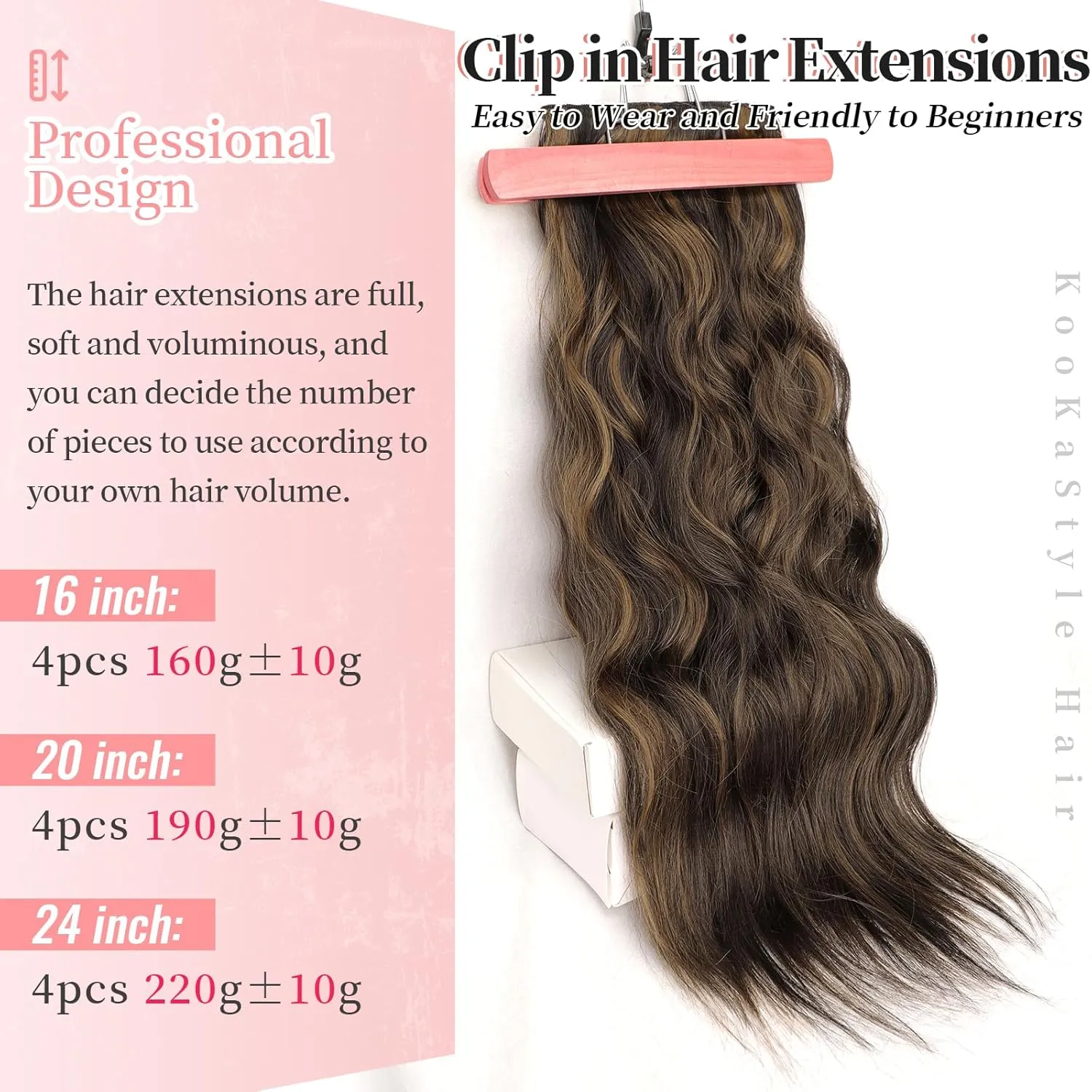 KooKaStyle Clip in Long Wavy Synthetic Hair Extension 20 Inch 4PCS Balayage Dark Brown to Chestnut Hairpieces Fiber Thick Double Weft Hair Extension for Women
