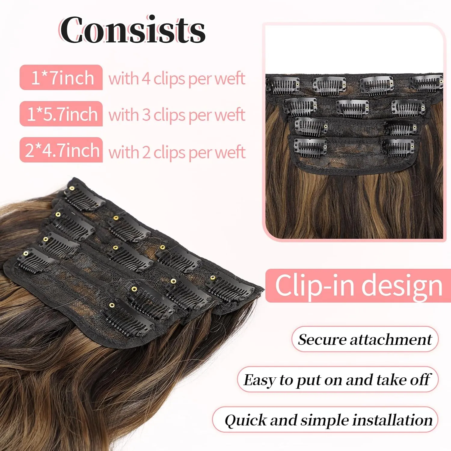 KooKaStyle Clip in Long Wavy Synthetic Hair Extension 20 Inch 4PCS Balayage Dark Brown to Chestnut Hairpieces Fiber Thick Double Weft Hair Extension for Women