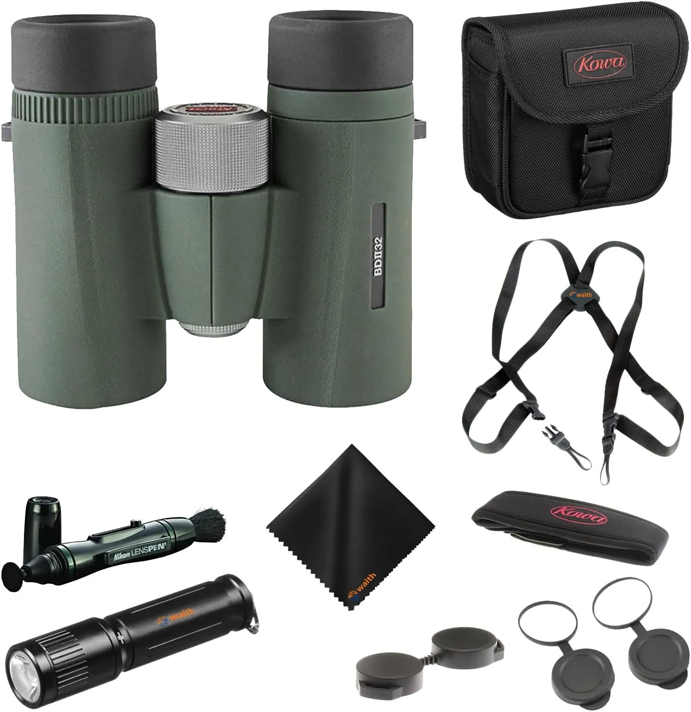 Kowa BD II XD 10x32mm PROMINAR Roof Prism Binocular with Waith Harness Webbing and Compact Keychain Flashlight, Nikon Lens Pen Cleaning System and Cleaning Cloth (Bundle)