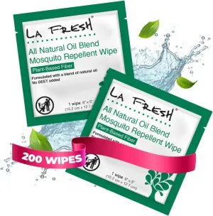 LA Fresh DEET Free Mosquito Repellent Wipes - Long Lasting Bug Repellent Wipes, Travel Insect Repellant - Pack of 200 Natural Insect Repellent Wipes