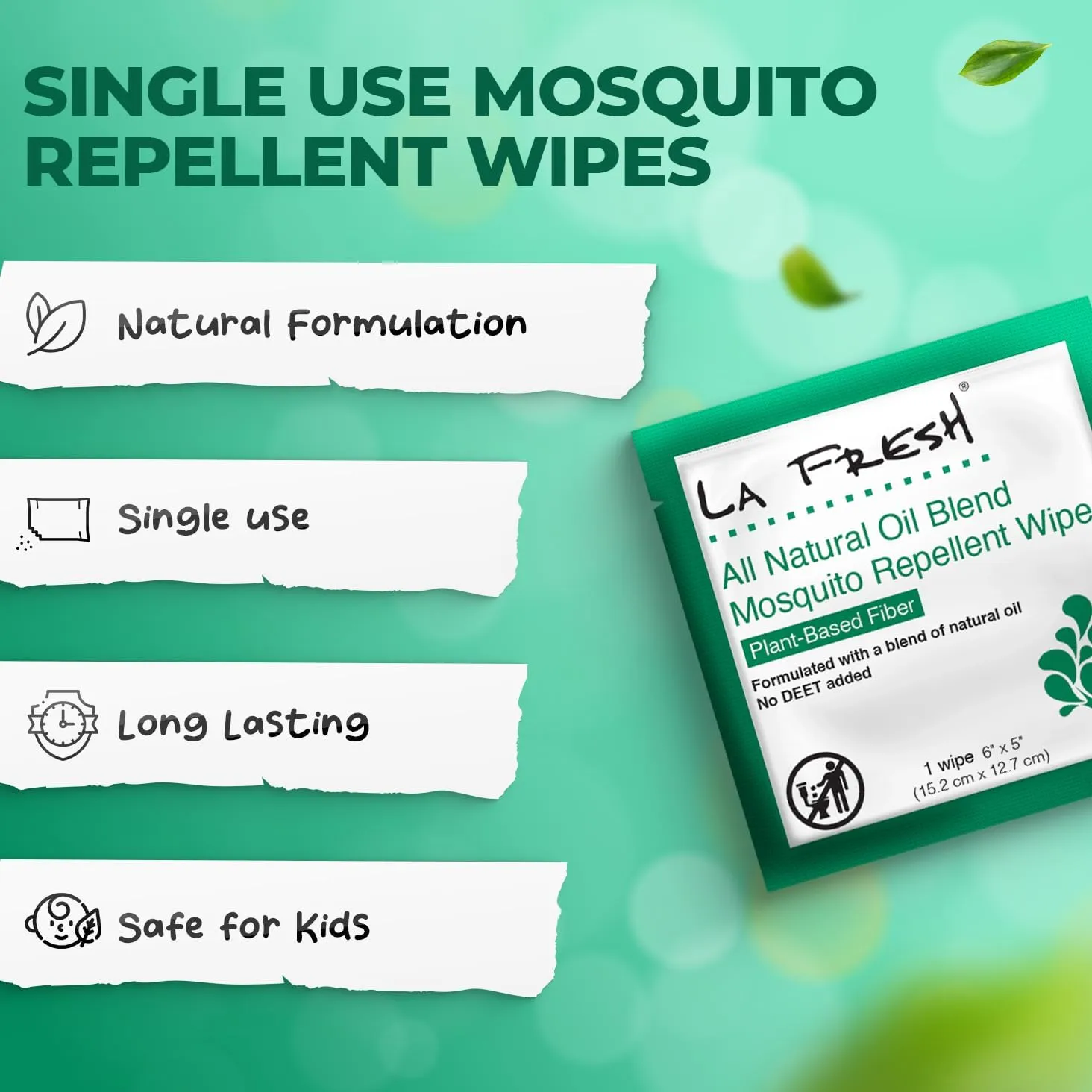LA Fresh DEET Free Mosquito Repellent Wipes - Long Lasting Bug Repellent Wipes, Travel Insect Repellant - Pack of 200 Natural Insect Repellent Wipes
