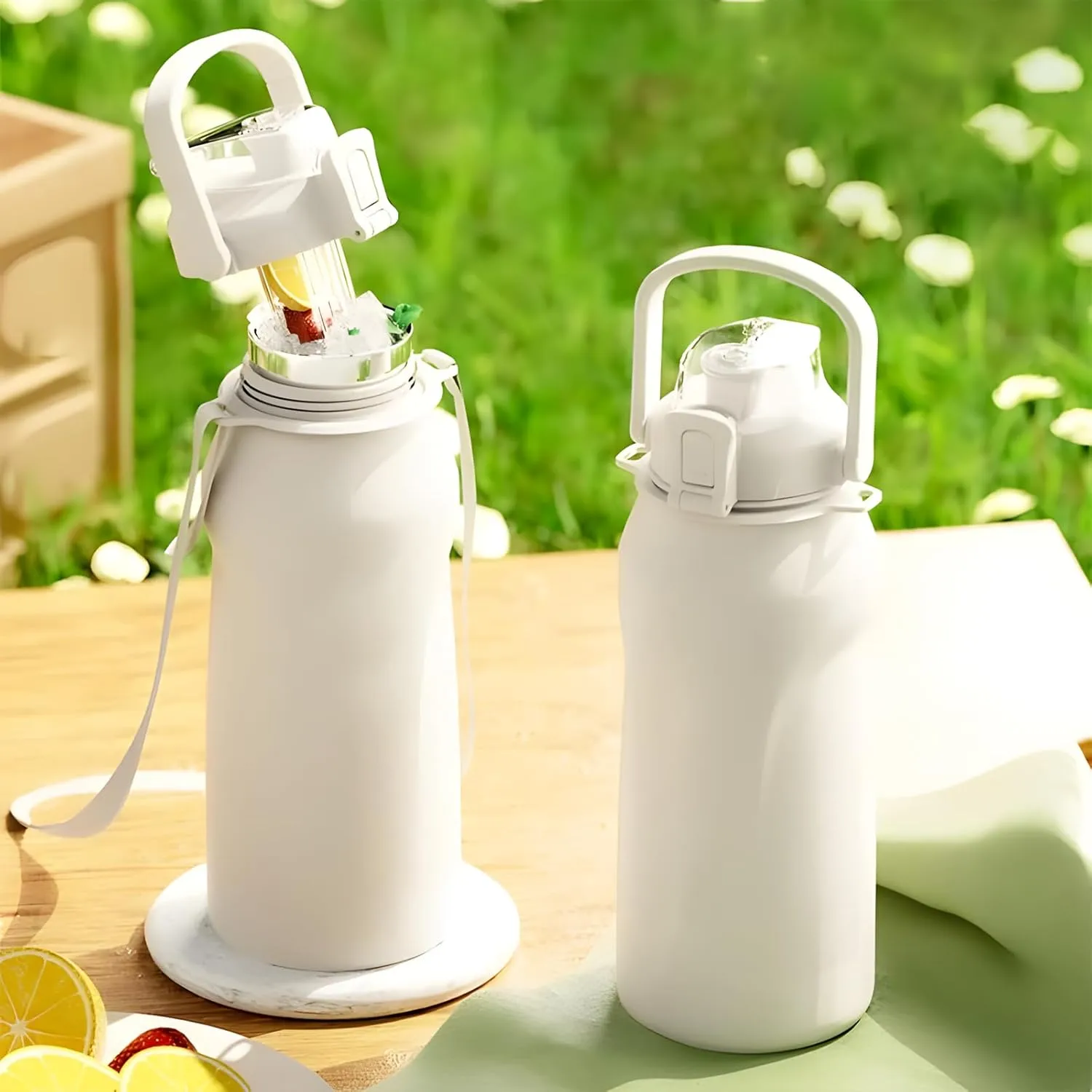 Large Insulated Stainless Steel Water Bottle with Handle, 2-in-1 Straw & Spout Lid Leakproof, Portable Insulated Cup for Gym Hiking Travel (White, 2000ml)