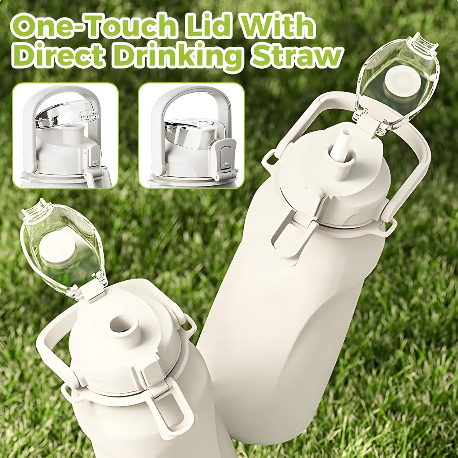 Large Insulated Stainless Steel Water Bottle with Handle, 2-in-1 Straw & Spout Lid Leakproof, Portable Insulated Cup for Gym Hiking Travel (White, 2000ml)