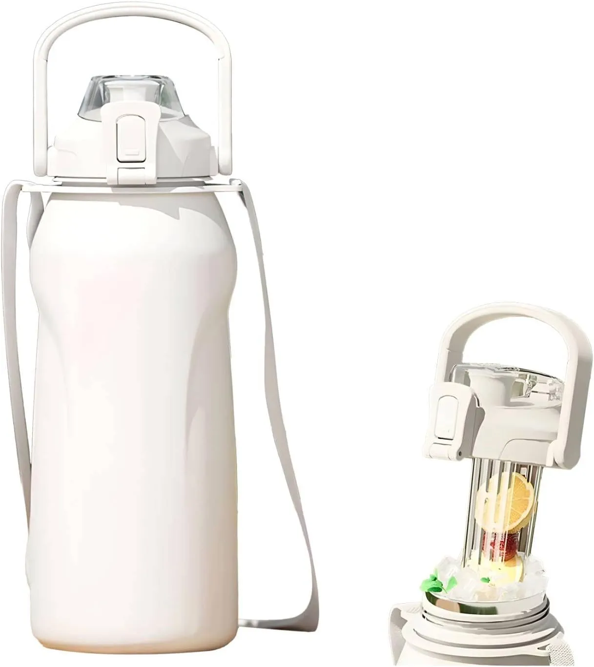 Large Insulated Stainless Steel Water Bottle with Handle, 2-in-1 Straw & Spout Lid Leakproof, Portable Insulated Cup for Gym Hiking Travel (White, 2000ml)