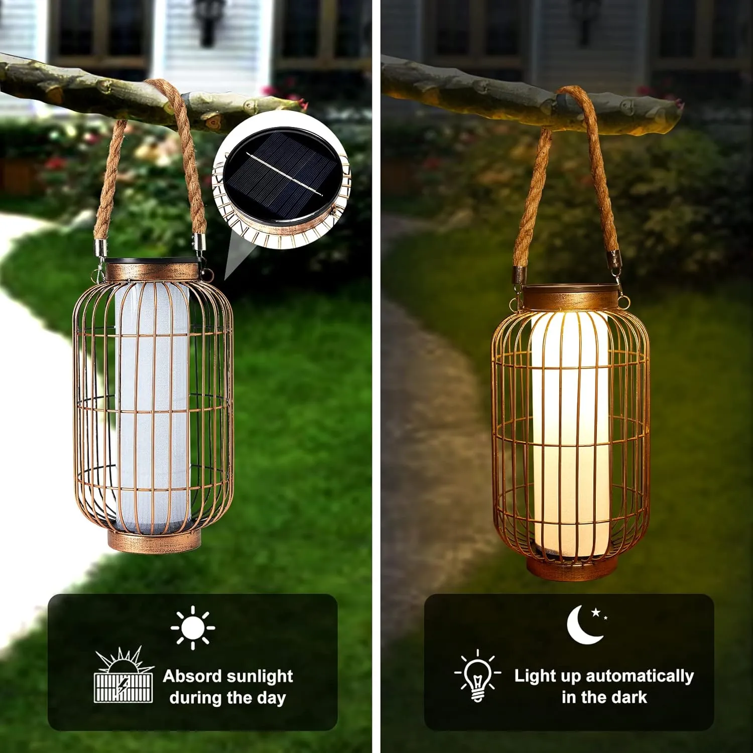 Large Outdoor Solar Lanterns Hanging Light Waterproof LED Garden Lights Solar Powered Retro Metal Auto On Off Table Lamp for Garden Patio Porch Pathway Walkway Tabletop Decorative(Bronze)
