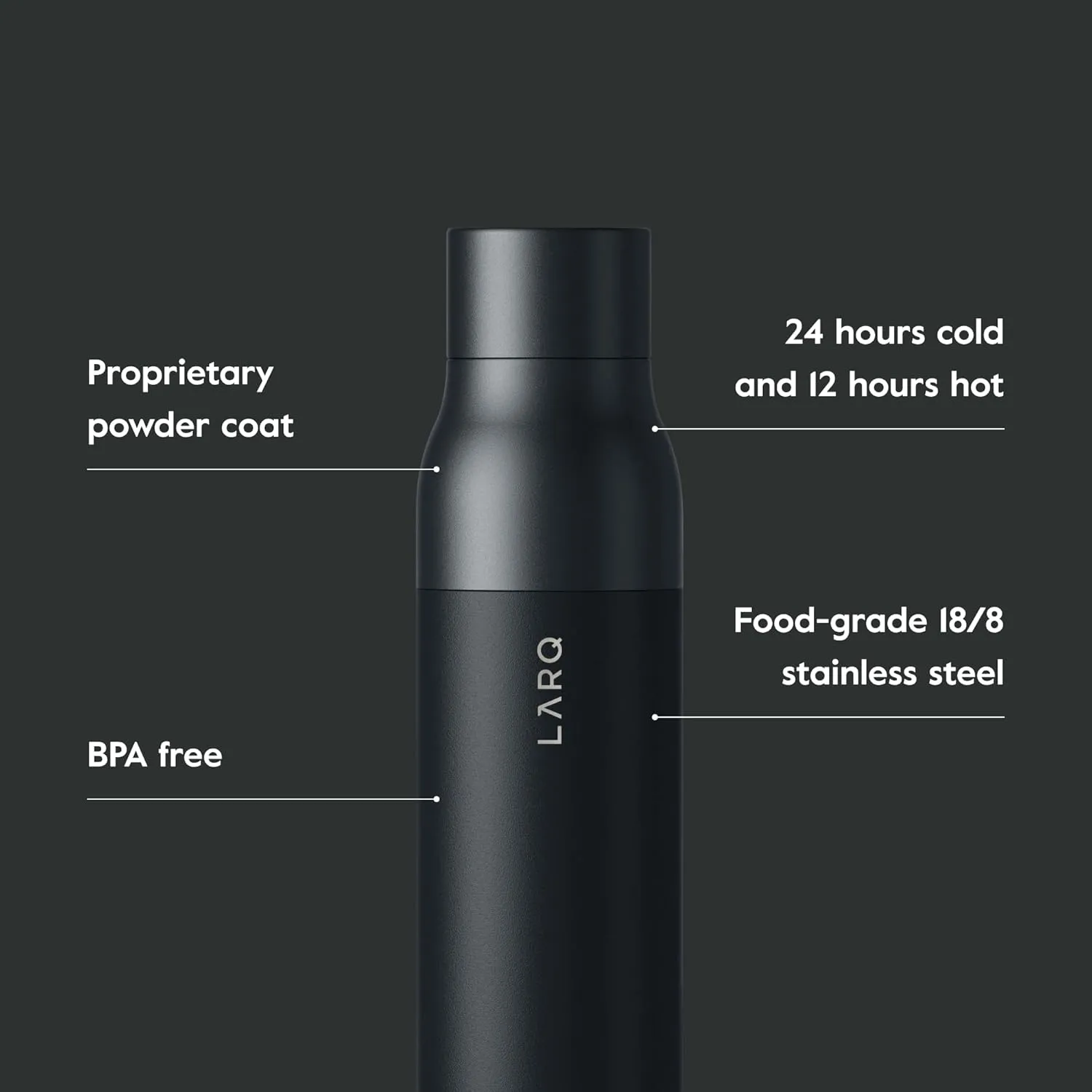 LARQ Bottle Twist Top 25 oz - Insulated Stainless Steel Water Bottle | Thermos, BPA Free | Reusable Water Bottle for Camping, Office, and Travel | Keep Drinks Cold and Hot, Obsidian Black