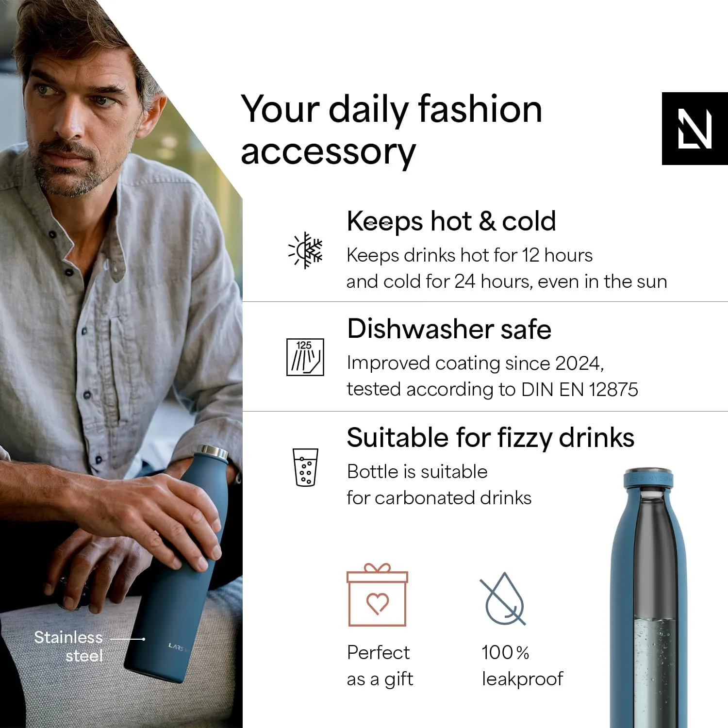 LARS NYSØM Stainless Steel Insulated Water Bottle 12 oz 17 oz 25 oz 34 oz 51 oz | Insulated Thermo Flask for Hot and Cold Beverages | Leakproof Drinking Bottle (Calypso Blue, 33.8 oz)