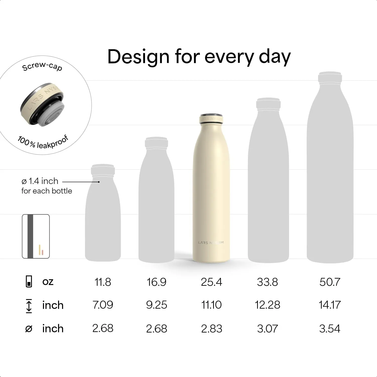LARS NYSØM Stainless Steel Insulated Water Bottle 12oz 17oz 25oz 34oz 51oz | Insulated Thermo Flask for Hot and Cold Beverages | Leakproof Drinking Bottle (Almond Beige, 25.4oz)