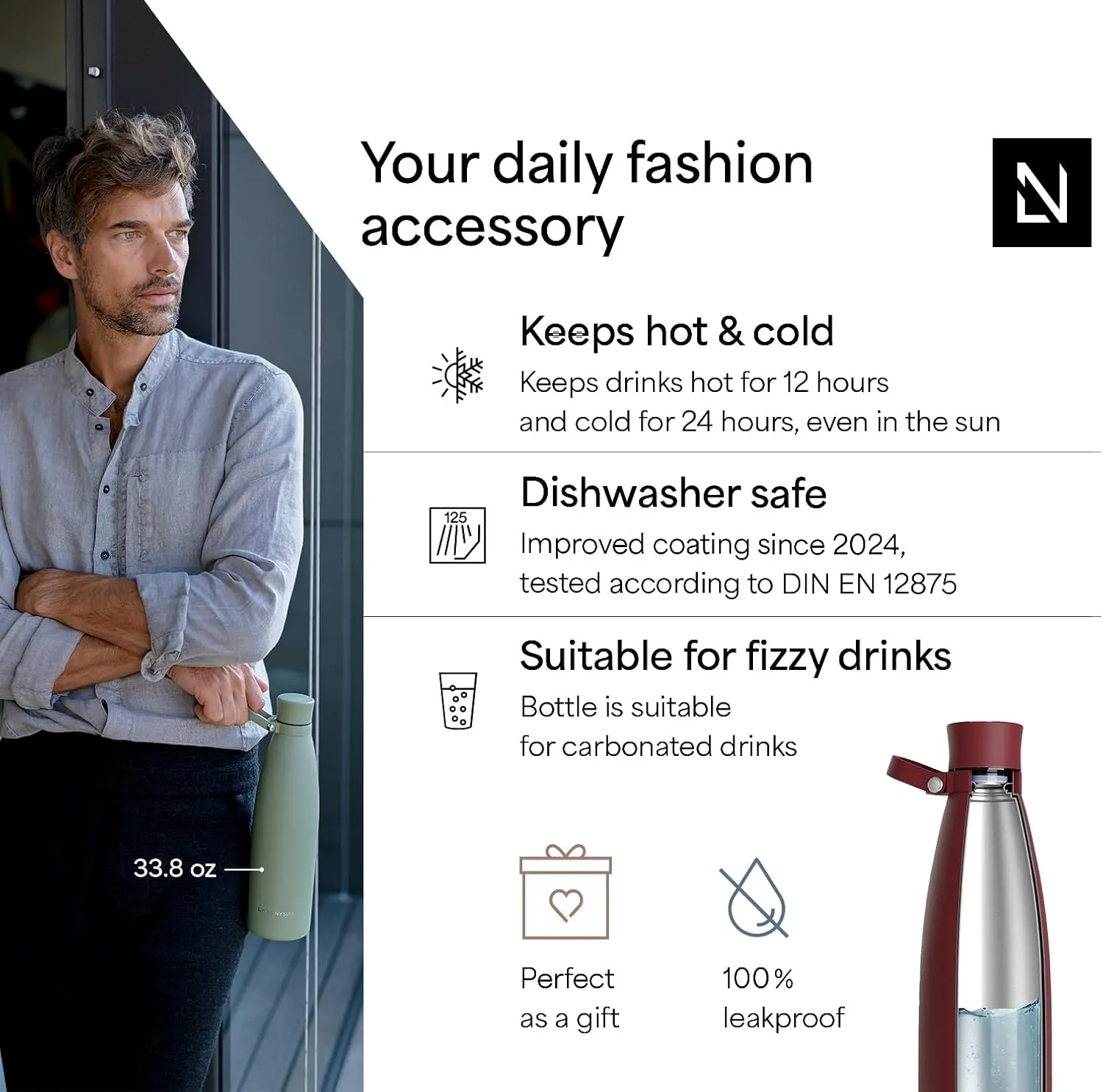 LARS NYSØM Stainless Steel Insulated Water Bottle 25 oz 34 oz | Insulated Thermo Flask for Hot and Cold Beverages | Leakproof Drinking Bottle (Berry Red, 25.4 oz)