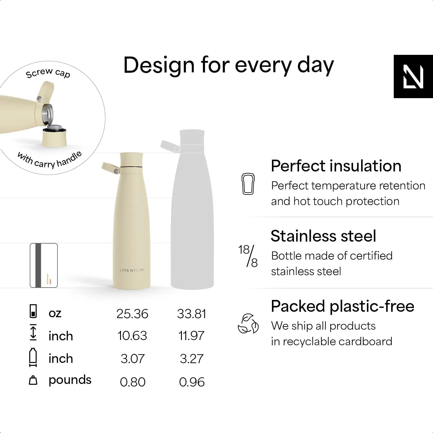 LARS NYSØM Stainless Steel Insulated Water Bottle 25 oz 34 oz | Insulated Thermo Flask for Hot and Cold Beverages | Leakproof Drinking Bottle (Pine Green, 25.4 oz)