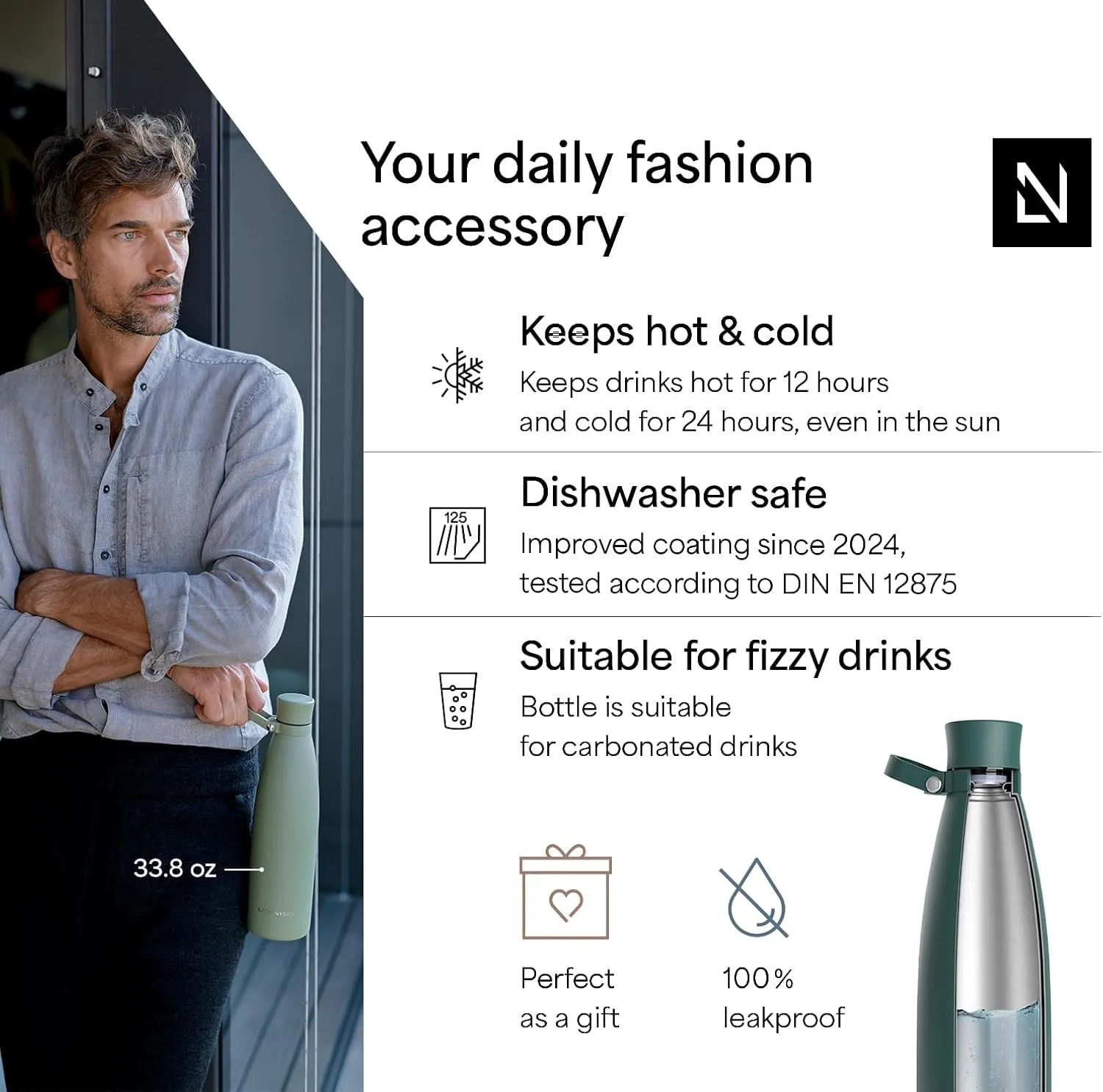 LARS NYSØM Stainless Steel Insulated Water Bottle 25 oz 34 oz | Insulated Thermo Flask for Hot and Cold Beverages | Leakproof Drinking Bottle (Pine Green, 25.4 oz)