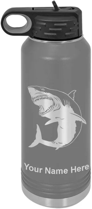 LaserGram Personalized Water Bottle, Great White Shark, Stainless Steel Double Wall Vacuum Insulated with Flip Top Straw, Custom Engraved Gift (40oz / 1180ml Gray)