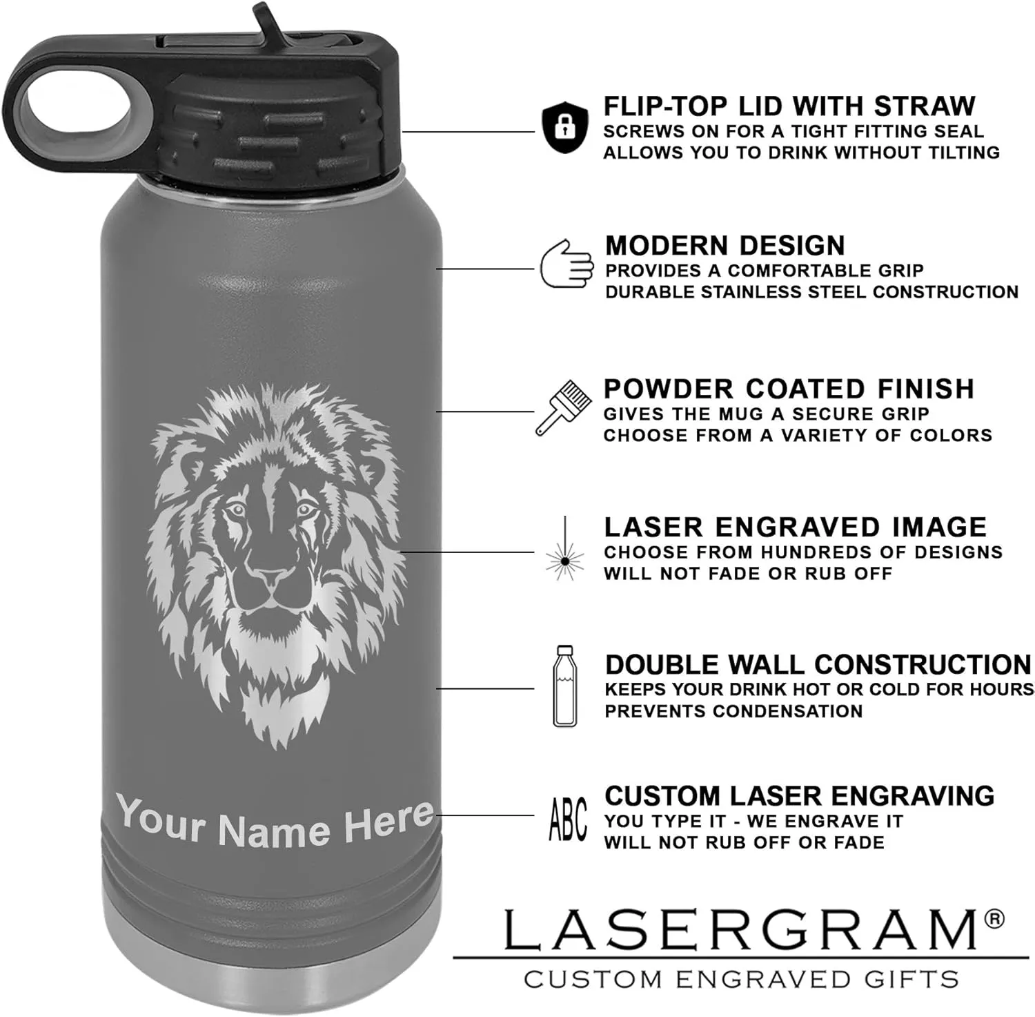 LaserGram Personalized Water Bottle, Great White Shark, Stainless Steel Double Wall Vacuum Insulated with Flip Top Straw, Custom Engraved Gift (40oz / 1180ml Gray)